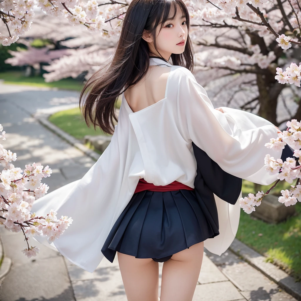 (Kimono in black)、all-fours、(top-quality,masterpiece:1.3,超A high resolution,),(ultra-detailliert,Caustics),(Photorealsitic:1.4,RAW shooting,)Ultra-realistic capture,A highly detailed,high-definition16Kfor human skin、 Natural Skin Texture、、The skin looks healthy with an even tone、 Use natural light and color,One Woman,japanes,kawaii,A dark-haired,very big hair,(depth of fields、chromatic abberation、、Wide range of lighting、Natural Shading、)、(Cherry blossoms in the air:1.2)、(Hair swaying in the wind:1.2)、(Cherry blossoms reflect light:1.1)、Cleavage can be seen through the exposed kimono、Legs visible through exposed kimono(Red garter belt、Crotch visible through exposed kimono、Kneel, spread your legs and look up、(Hair swaying in the wind:1.2)、 Background with: cherry trees、Perfect anatomical body proportions with legs spread:2.8、small red micro panties、Panty shot from behind、Facing forward、 M-shaped legs:2.8、wide open the crotch、Bend your knees、(Legs wide open)、open thigh、Lifting the buttocks to the limit、Yellow water drips from genitals、garterbelts