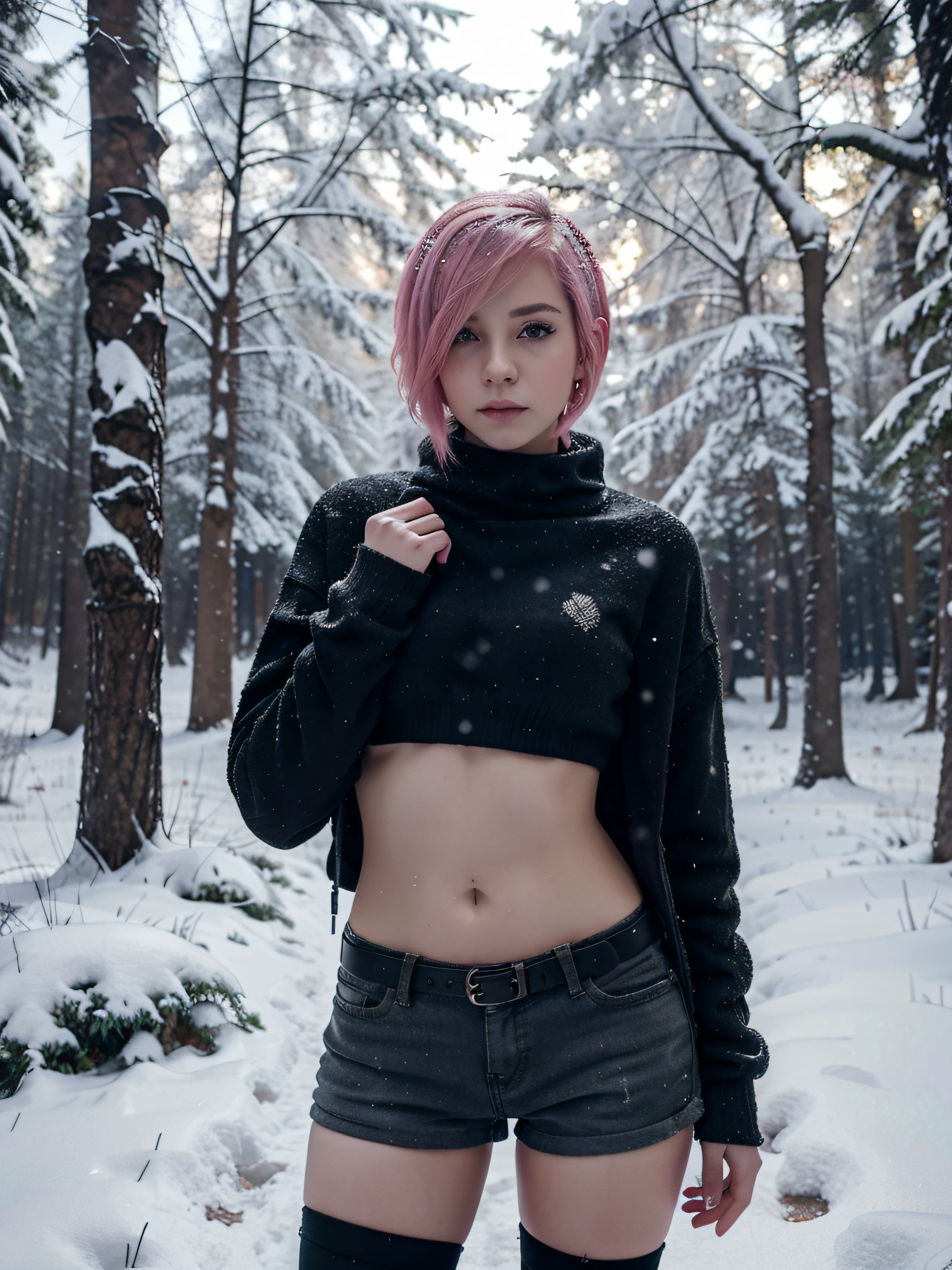 Very beautiful teenage girl, pink short hair, dressed lightly, but winter clothes in emo style, gotik, Cyberpunk style, against the backdrop of a snow-covered forest, Sunny weather, snowing, Cinematography, Highest Quality, high detail