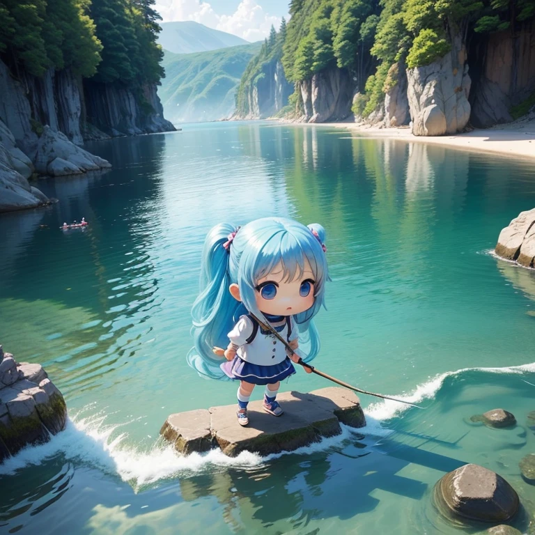 Chibichara long hair with blue hair((Chibi Chara))、Fishing in the sea、girl with、Chibi Chara、full body Esbian、Pastel colors hair、masutepiece、top-quality、