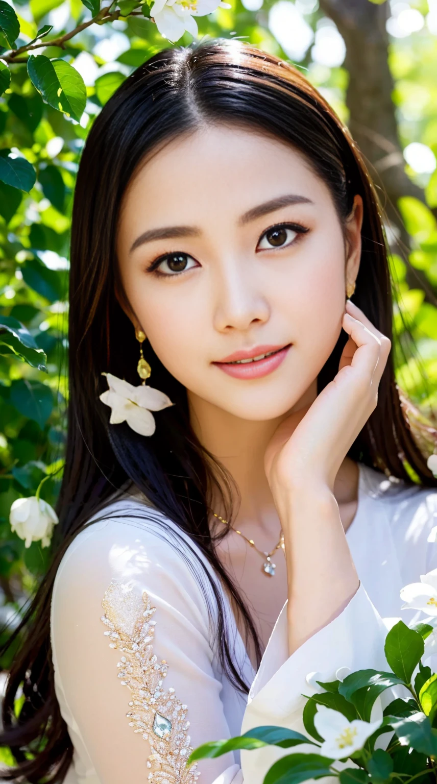 (bestquality,10,high-res,ultra-detail,Realistic:1.37),vibrant colours,sunlight,llight rays,Kaffir lime,white flower,beautiful girl,Excellent features,flowing hair,serene expression,garden setting,Dressing neatly,Soft Sunlight,Gentle breeze,Cheerful atmosphere,backlit scene,hint of smile,Ethereal glow,Fresh in the morning,long shadow,Harmony of nature,delicate reflection,natural beauty,twinkling dew,Clear details,peace and calm,Valuable ingredients,Arrived at the branch,whispering leaves,aromatherapy petals,With a shining light......,glitter highlights,Subtle shadows,soft focus,Sublime beauty,whisper naturally,Amazing atmosphere......,Glow background.