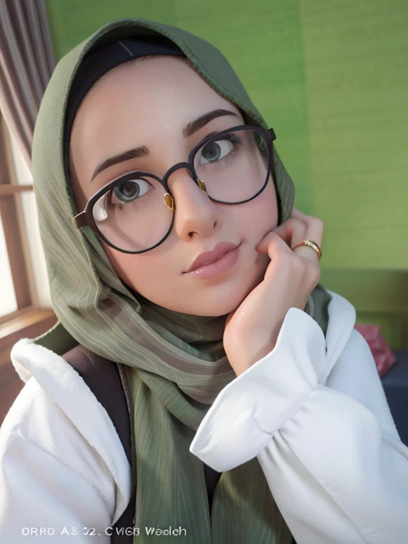 muslim woman wearing glasses and a green scarf posing for a picture, with glasses, close up potrait, with square glasses, inspired by JoWOnder, faridah malik, hijab, spectacled, wearing thin large round glasses, with glasses on, with accurate face, !!wearing modern glasses!!, wearing square glasses, potrait, inspired by Shaddy Safadi