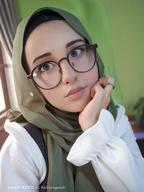 muslim woman wearing glasses and a green scarf posing for a picture, with glasses, close up potrait, with square glasses, inspired by JoWOnder, faridah malik, hijab, spectacled, wearing thin large round glasses, with glasses on, with accurate face, !!wearing modern glasses!!, wearing square glasses, potrait, inspired by Shaddy Safadi