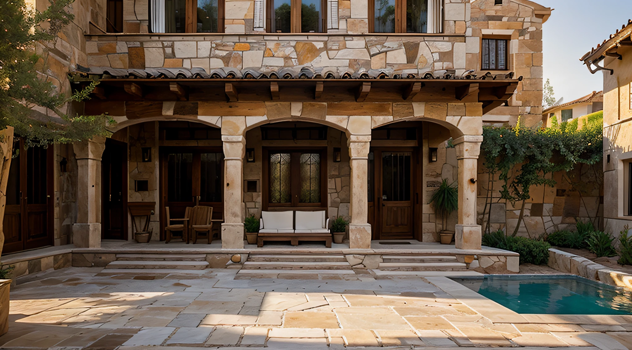 Mediterranean house, facade, rustic wood and raw stone materials, morning light, courtyard, no pool, blend with nature