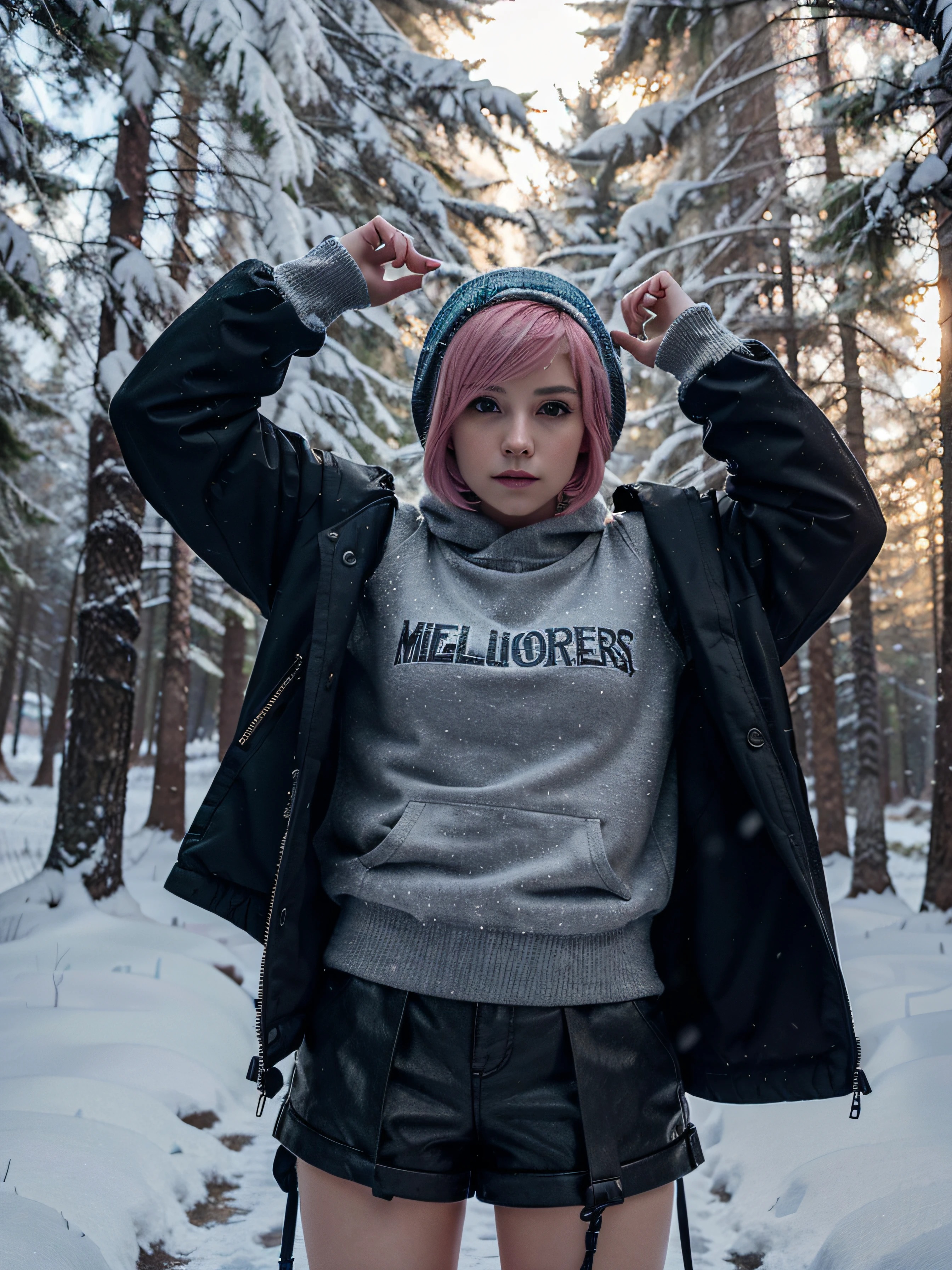 Very beautiful teenage girl, pink short hair, dressed lightly, but winter clothes in emo style, gotik, Cyberpunk style, against the backdrop of a snow-covered forest, Sunny weather, snowing, Cinematography, Highest Quality, high detail
