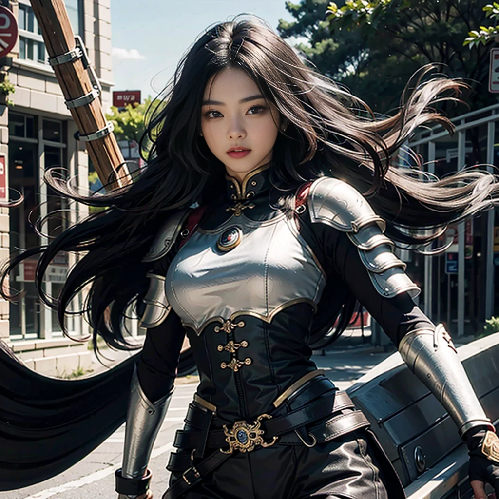The oval face reveals long legs and black hair, hair straight, Long eyelashes, Big eyes,Liu Yemei,armour, ancient wind, Han Jian, lipsticks, tall nose bridge,