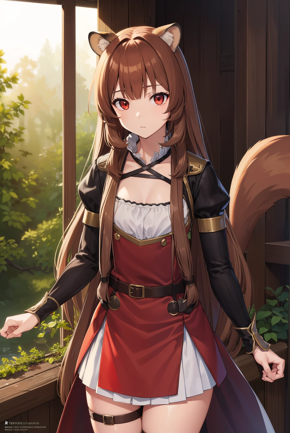 Raphtalia, Raphtalia, Animal ears, Brown hair, Long hair, raccoon ears, a racoon girl, racoon tail, (Red Eyes:1.5), tail,
Blake Arm Garter, Belt bag, brown belt, brown robes, Dress, juliet sleeves, Long sleeves, Puffy sleeves, Short dress,
BREAK looking at viewer,
BREAK outdoors, forest, Nature, Sun, skyporn, (Cowboy Shot:1.5),
BREAK (masutepiece:1.2), Best Quality, High resolution, Unity 8k壁纸, (Illustration:0.8), (Beautiful detailed eyes:1.6), extra detailed face, Perfect Lighting, extremely details CG, (Perfect hands, Perfect Anatomy),