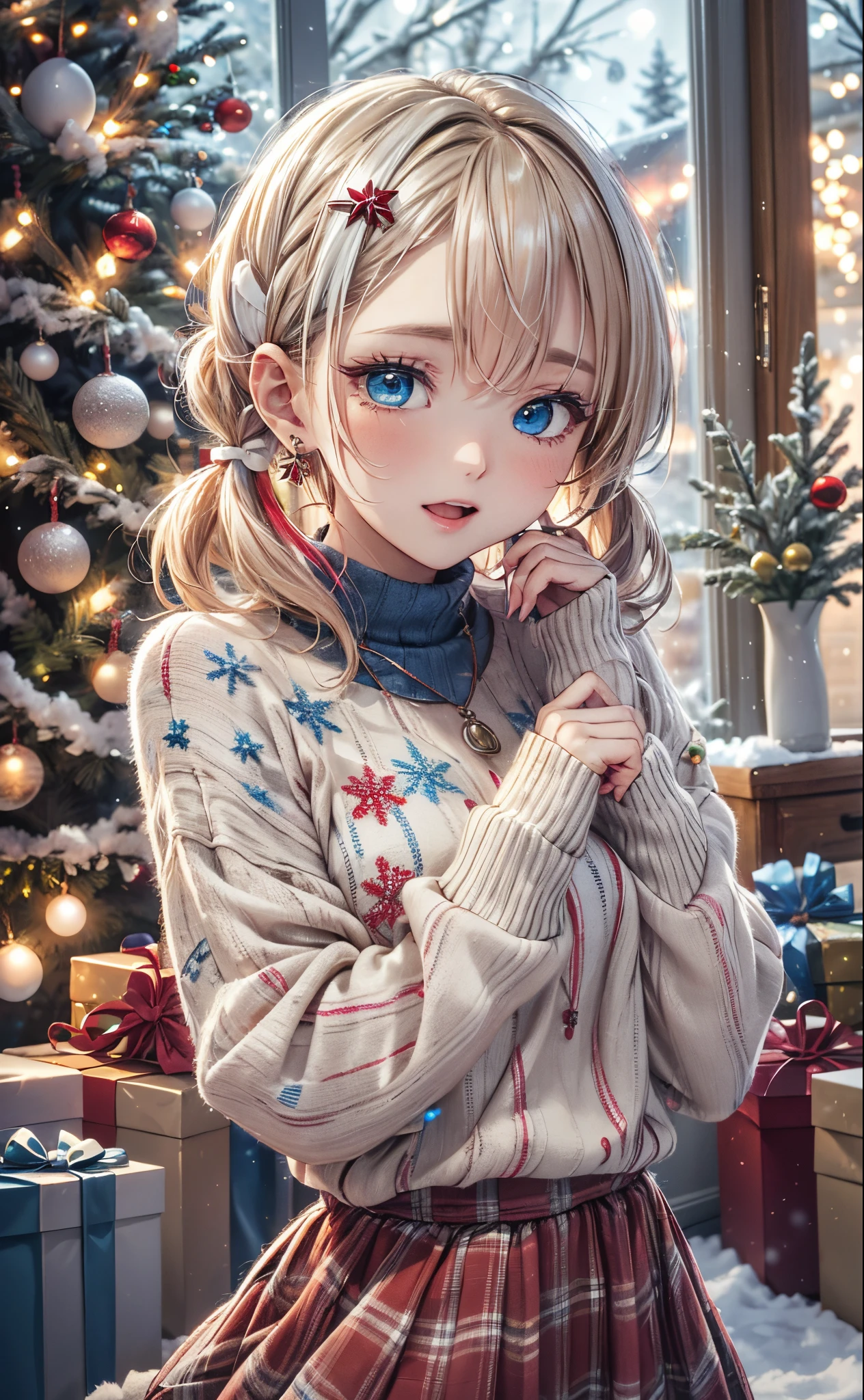 absurderes, ultra-detailliert,bright colour, Short hair,Blonde hair with fluffy short twintails:1.2) Shiny hair,(red and white plaid sweater dress:1.5),(Open mouth and laugh 1. 3),(Close one eye and feel shy:1.3),(Christmas tree:1.3),(Christmas Decorations:1.3),(colorful led lights on the wall:1.5),Delicate beautiful face, red blush、(Deep Blue Eyes:1.5), White skin, hair clips, earrings, a necklace,Heavy snow outside the window,You can also see the starry sky and the aurora borealis......