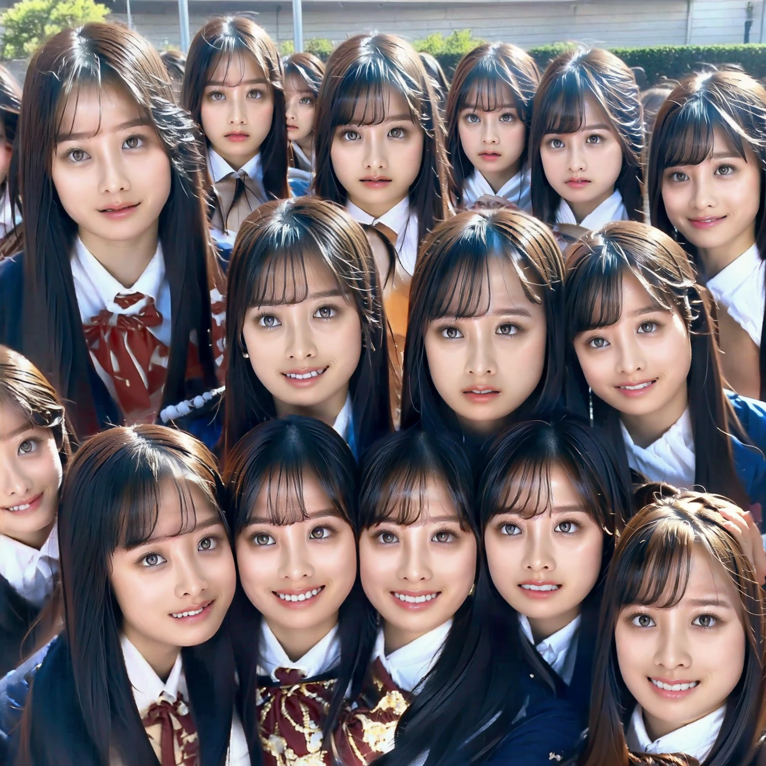 Raw photo、(((multiple girls))),((((6+girls)))),((((100girls)))),(((1000girls)))、((((100 Girls))))、(((crowd shot)))、Women only、The same face、matching school uniform、12 years old、Long black hair、100 cute girls going to school、a smile、Commuting to school、School route、In the street、selfee、same person、(((Large group)))、a junior high school student