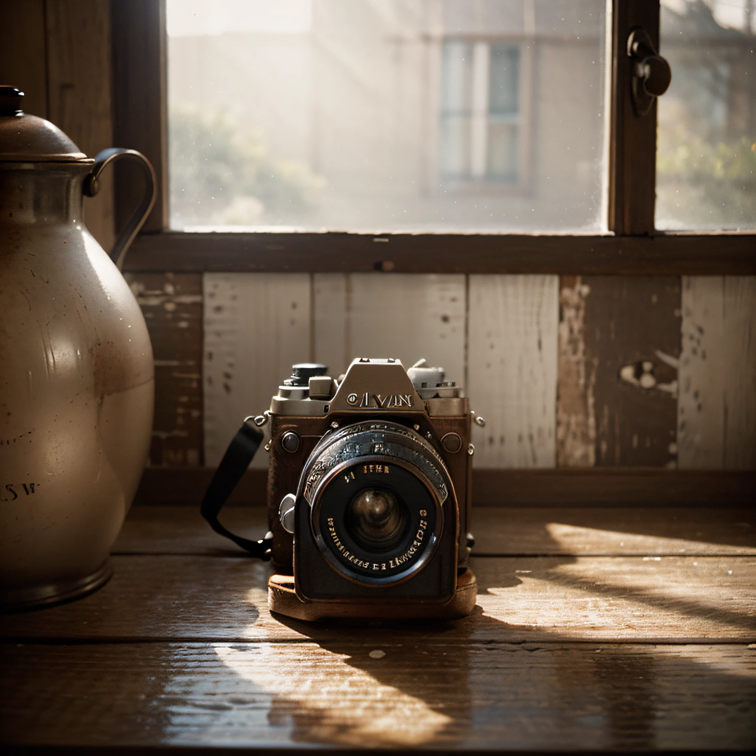 An evocative photograph of a vintage film camera placed on a worn wooden surface, banhado pela luz suave da janela, capturing the nostalgia and timeless charm of analogue photography, fotografia, Lente: 50 millimeters