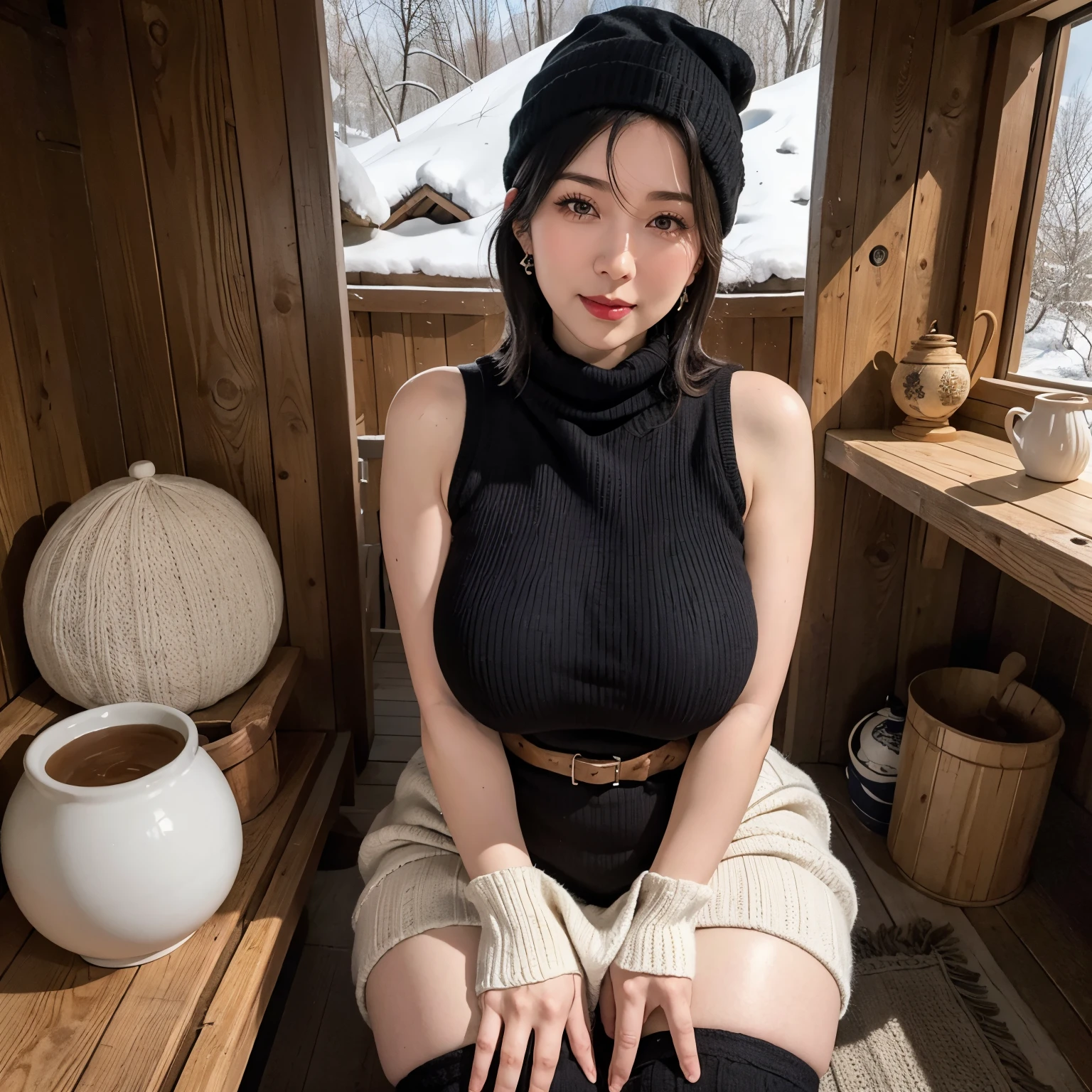 (masutepiece:1.1, Best Quality:1.1, 16K HDR, High resolution), (1girl in, 1 elderly person), (Super beautiful mature Japanese woman, Older, A MILF), (Black hair, Knitted Cap:1.3), (Snow Globes:1.15, snow scarf, turtle necked sweater, Sleeveless sweater, Mini skirt, Sexy black pantyhose, Mountain boots, earrings), gigantic cleavage, Colossal tits, Huge boobs, huge-breasted, ((Sitting, Open legs, Leaning forward, down blouse and nip slip, inside a small hut, wooden hut without windows, snow mountains)), (Perfect slim body:1.1), hyperdetailed face, Detailed eyes, Realistic skin texture,