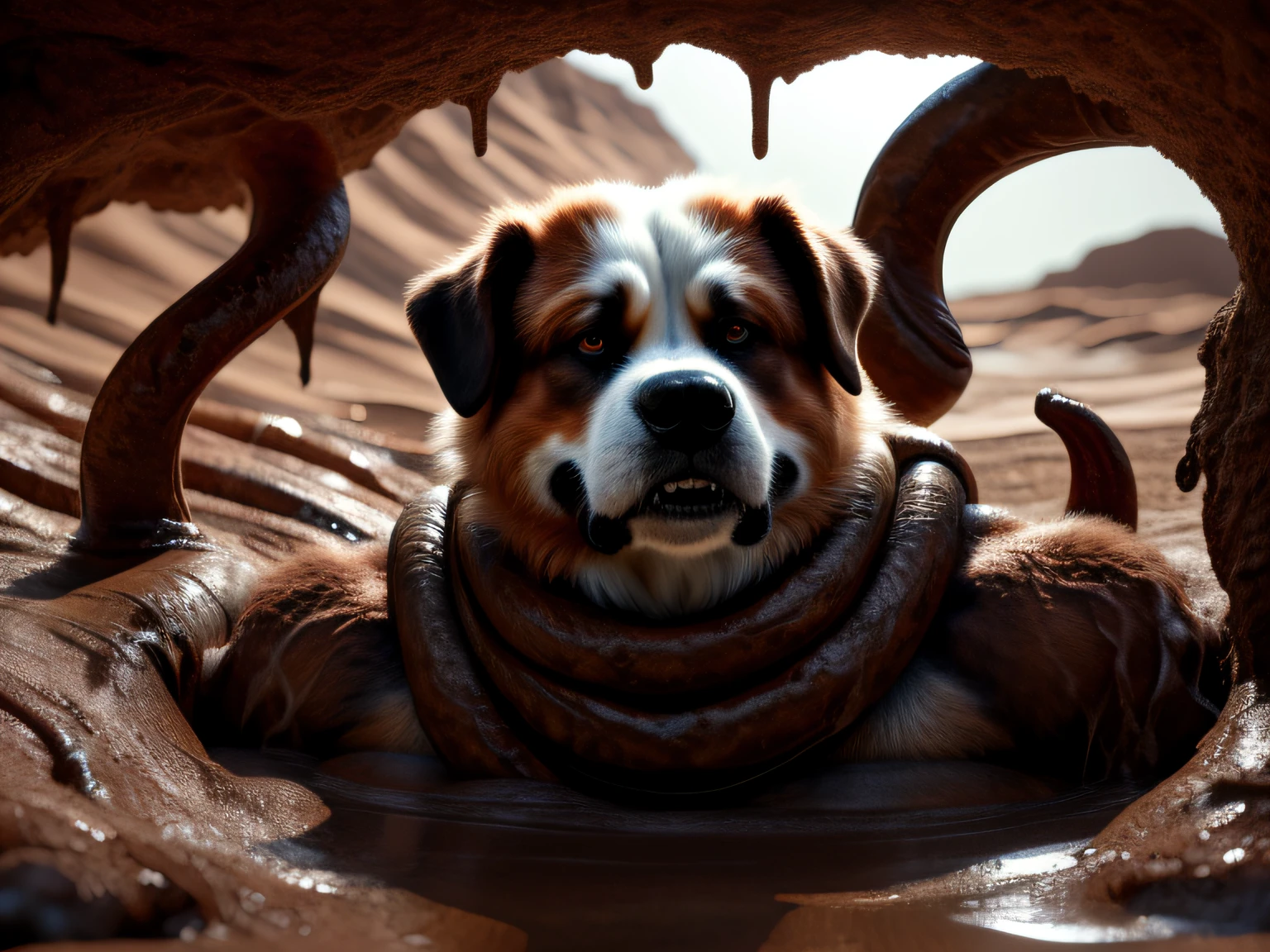 Realstic,photoreallistic,tranchant,(Best quality,Masterpiece:1.4),anthro habillé(saint-bernard:1.2)(fourrure noire),anthro retenu,Captured par des tentacules dans des sables mouvants épais,(musculaire:1.5),gros pectoraux,Muscular arms,Muscular shoulders,(retenu par des tentacules:1.5),(arm behind back:1.5),(tentacule enroulé autour du cou:1.5),(strangled),(noyade),(Naufrage:1.3),(luttant impuissant:1.6),(tête regardant du côté opposé à la camera),expression agacée,Bored expression,Captured,il cherche de l'aide autour de lui,Grotte basement du desert with trou au-dessus du personnage,boue rouge épaisse, sables mouvants lourds,monstre tentacule solo en arrière-plan,jour ,highly detailed, realistic fur, detailed fur,detailled eyes,Detailed teeth,realistic eyes,Mamelons realistes,anatomiquement correct,