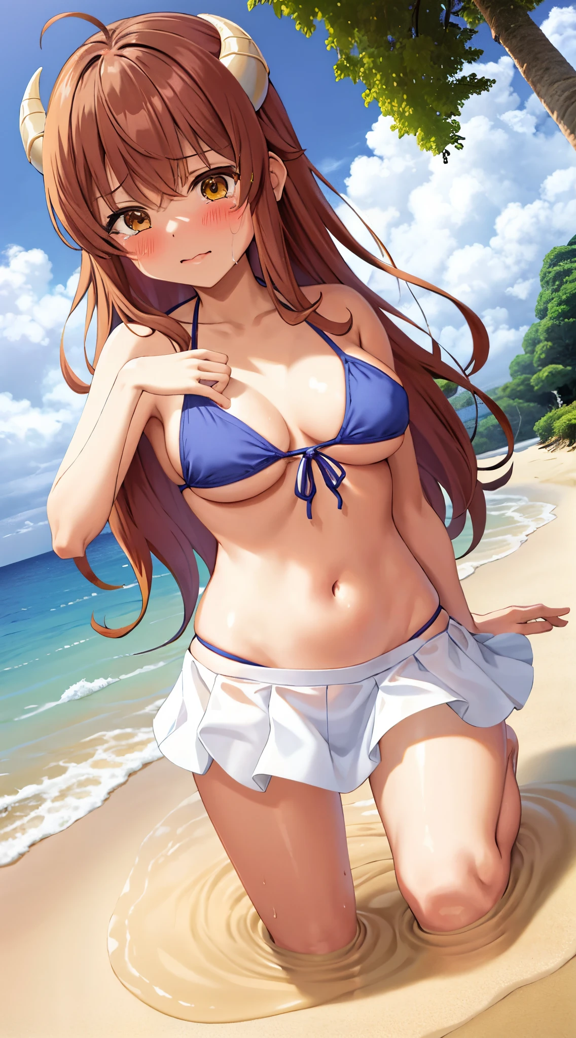 best quality, masterpiece, highly detailed, illustration, 1girl, solo, yoshida yuuko \(machikado mazoku\), horns, shamiko, bikini, bikini skirt, beach, (quicksand:1.3), glossy lips, lips parted, crying
