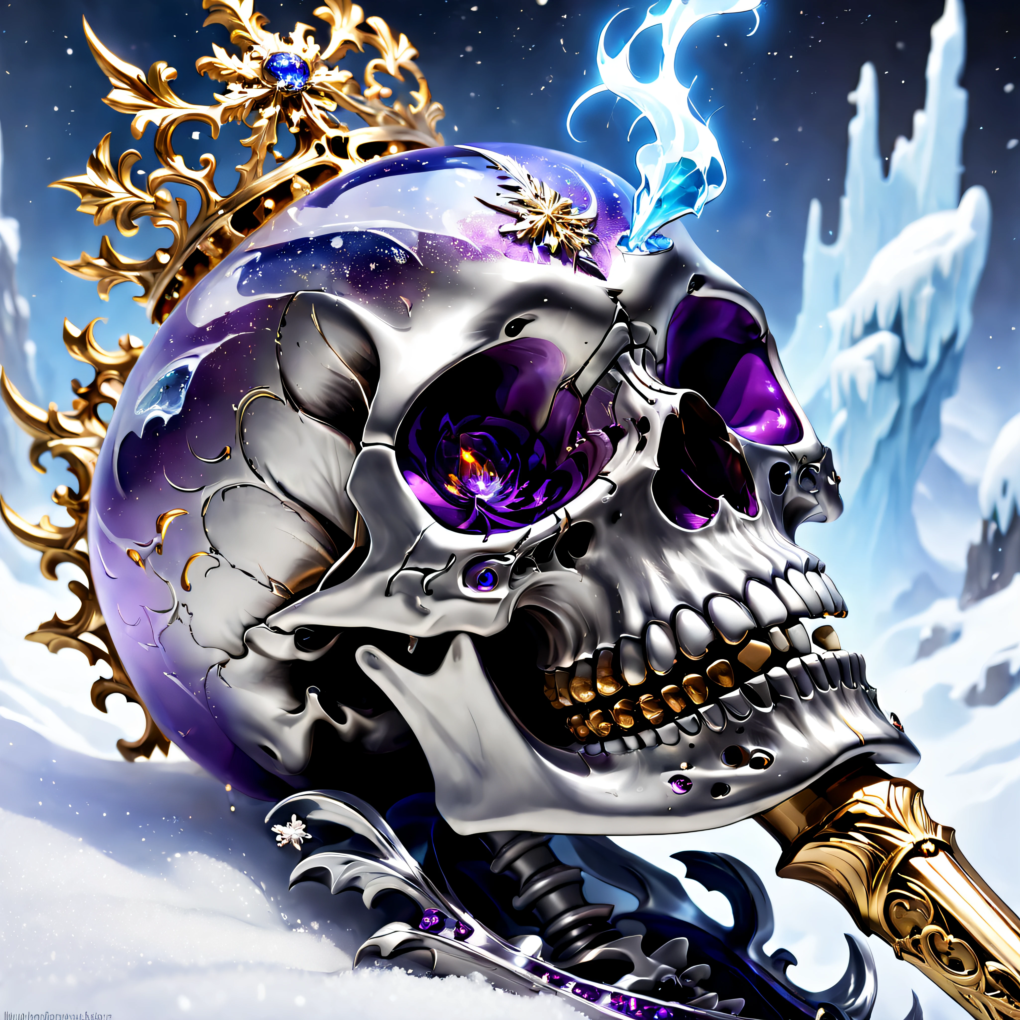 (8K, 16k, Award-winning, Highest quality, Highest resolution, Super detail, High detail, Anatomically correct, Masterpiece, Stunning beauty), (Skeleton Scepter: 1.3), Skeleton scepter inside icicles，Crystal skull， detailed decoration, Snowflake carving, delicate craftsmanship , Legendary rings, Rare and precious, Intricate details, The scepter  made of a metal called orichalcum,  (The inside of the scepter  engraved with ancient characters: 1.2), Platinum,Gold and silver, Trapped in a world of  and snow.Golden flame,Purple magic,blue lightning,