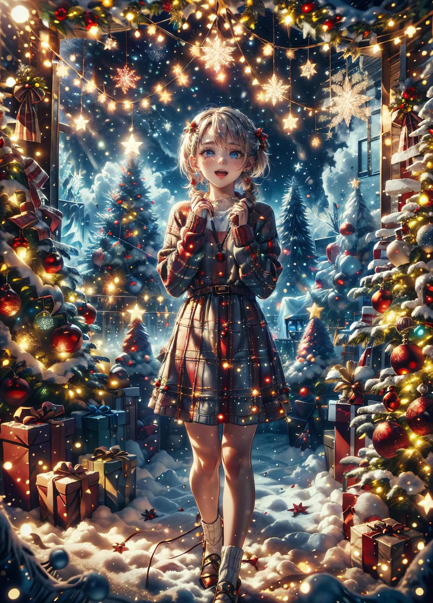 absurderes, ultra-detailliert,bright colour, Short hair,Blonde hair with fluffy short twintails:1.2) Shiny hair,(red and white plaid sweater dress:1.5),(Open mouth and laugh 1. 3), (Christmas tree:1.3),(Christmas Decorations:1.3),(colorful led lights on the wall:1.4),Delicate beautiful face, red blush、(Deep Blue Eyes:1.5), White skin, hair clips, earrings, a necklace,(Close one eye and feel shy:1.3),Beautiful cloud,stand in front of the window in the room,Heavy snow outside the window,You can also see the starry sky and the aurora borealis..