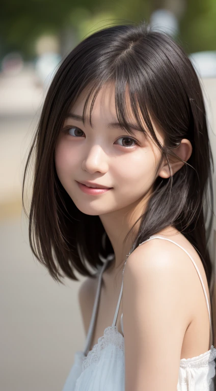 masutepiece, Best Quality, 8K, aers old, , Raw photo, absurderes, award winning portrait, Smile, Solo, Idol face, Delicate girl, Upper body, Digital SLR, Looking at Viewer, Candid, Sophisticated, Thin arms, Professional Lighting, Film grain, chromatic abberation, (Eyes and faces with detailed:1.0), (Bokeh:1.1) , Distant view ,17 rl、Cute、Nogizaka46 Idol