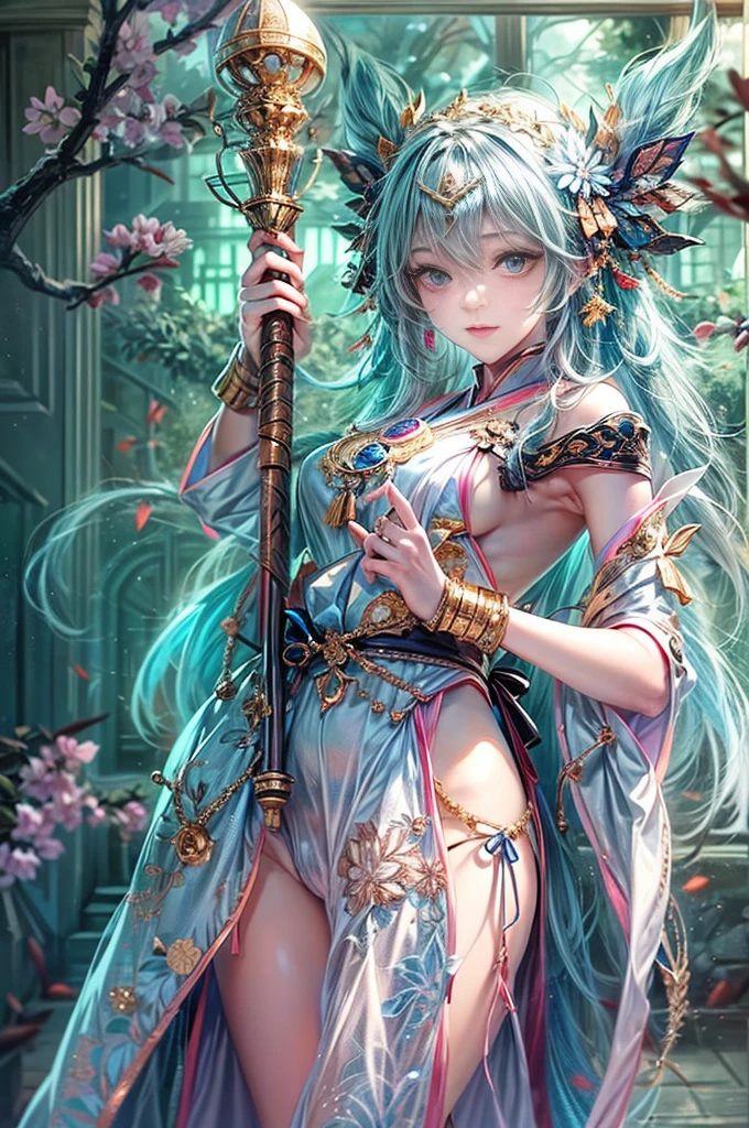 (Photoreal Stick:1.4, masutepiece:1..3, 8K), top-quality, masterpiece, 超A high resolution, Perfect dynamic composition, Professional camera work, Grow Light Effect, Mystical portrait, Cinematic Light, Highly detailed skin and facial texture:1.3, The ultra-detailliert, Detailed limbs, A detailed eye, (bahamud, Odin, holding an cane), (myterious:1.3, Fanciful:1.2, tradition:1.2, majestueux:1.2), 1girl in, 25-years old, cute and sexy slim goddess, Fair skin, (Enraptured look:0.9, Totally captivates you:1.0), (japanese miko costume:1.3), (voluptuous breasts:0.9), (Backshots, Calm pose), (Beautiful blue eyes, Eyes that feel beautiful eros:0.85), Sexy face:0.4, (A mouthfeel that feels beautiful eros:0.85), ((Too cute beauty:0.9)), Fantastic background