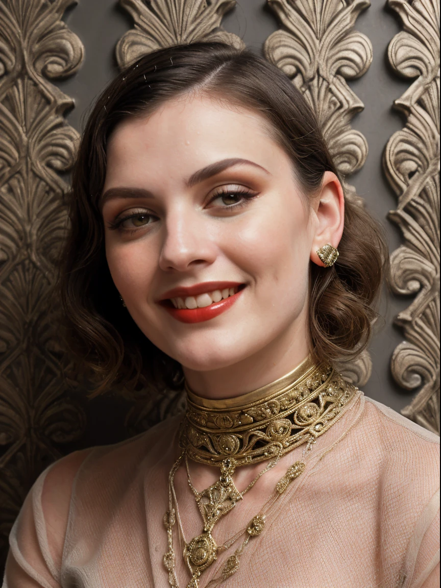 retrato, fotografia ultra realista, um alto, modelo sueco fino, rosto elegante, sorridente, Woman, large gray eye sleeve dragon tattoos:1.4), (tatuagens tribais no peito:1.4), (tribal neck tattoos:1.4), medium perky breasts, medium length light blonde hair, Batom brilhante, unhas vermelhas, (wearing high-cut sheer chiffon jumpsuit:1.2 (recorte de peito)), meias coxas, saia plissada muito curta e apertada, botas brancas de cano alto, colar dourado, pulseiras de ouro, Standing, Relaxed,(pose de glamour sexy:1.2), Wet, sweating, (Ornate 1920s Deco wall background:1.6), Noite, nikon 75mm, f9, .RAW, editorial, Testino