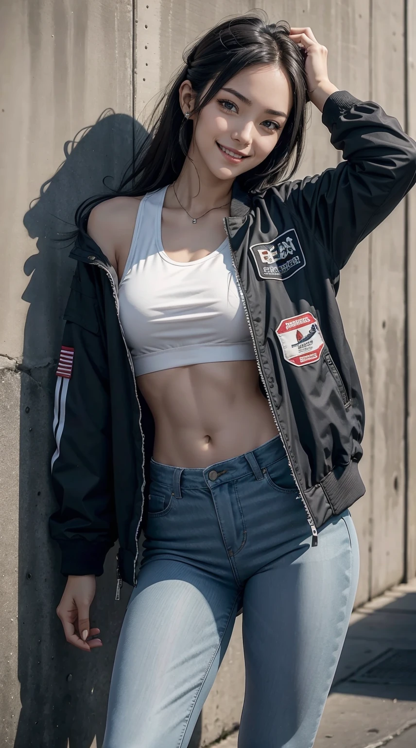 a 25yo woman、Semi-long hair、I use a hair band to tie my hair together、a smile、My abs are cracked、The navel is out、accessories on the wrist、a smile、Slender but well-proportioned muscular body、a smile、Breasts are big、Wearing a flight jacket、He is wearing a T-shirt inside his flight jacket.、I'm wearing leggings、hands in flight jacket、I'm in front of an old concrete wall、Leaning your back against the wall、a smile
