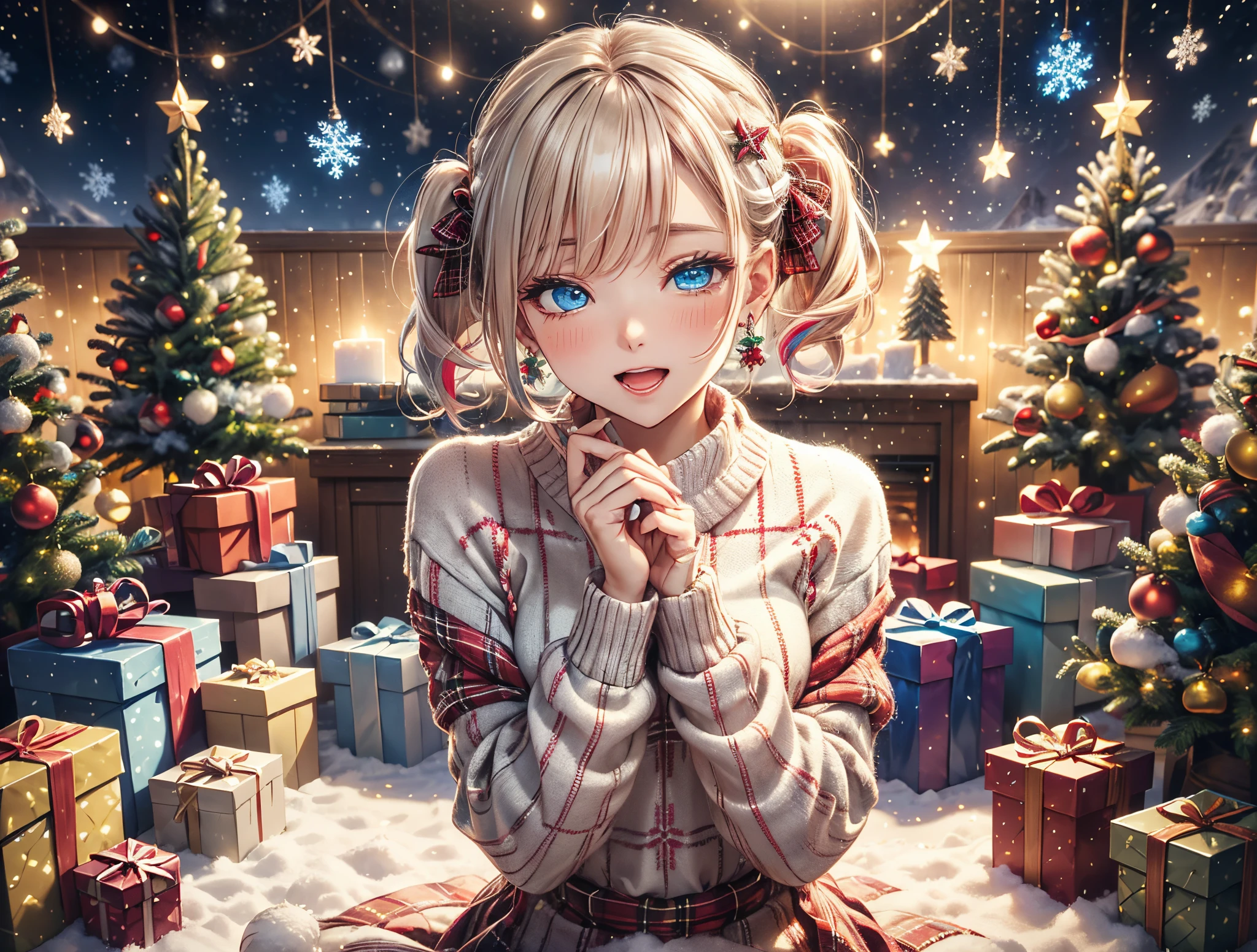 absurderes, ultra-detailliert,bright colour, Short hair,Blonde hair with fluffy short twintails:1.2) Shiny hair,(red and white plaid sweater dress:1.5),(Open mouth and laugh 1. 3),(Close one eye and feel shy:1.3),(Christmas tree:1.3),(Christmas Decorations:1.3),(colorful led lights on the wall:1.5),Delicate beautiful face, red blush、(Deep Blue Eyes:1.5), White skin, hair clips, earrings, a necklace,Heavy snow outside the window,You can also see the starry sky and the aurora borealis.......