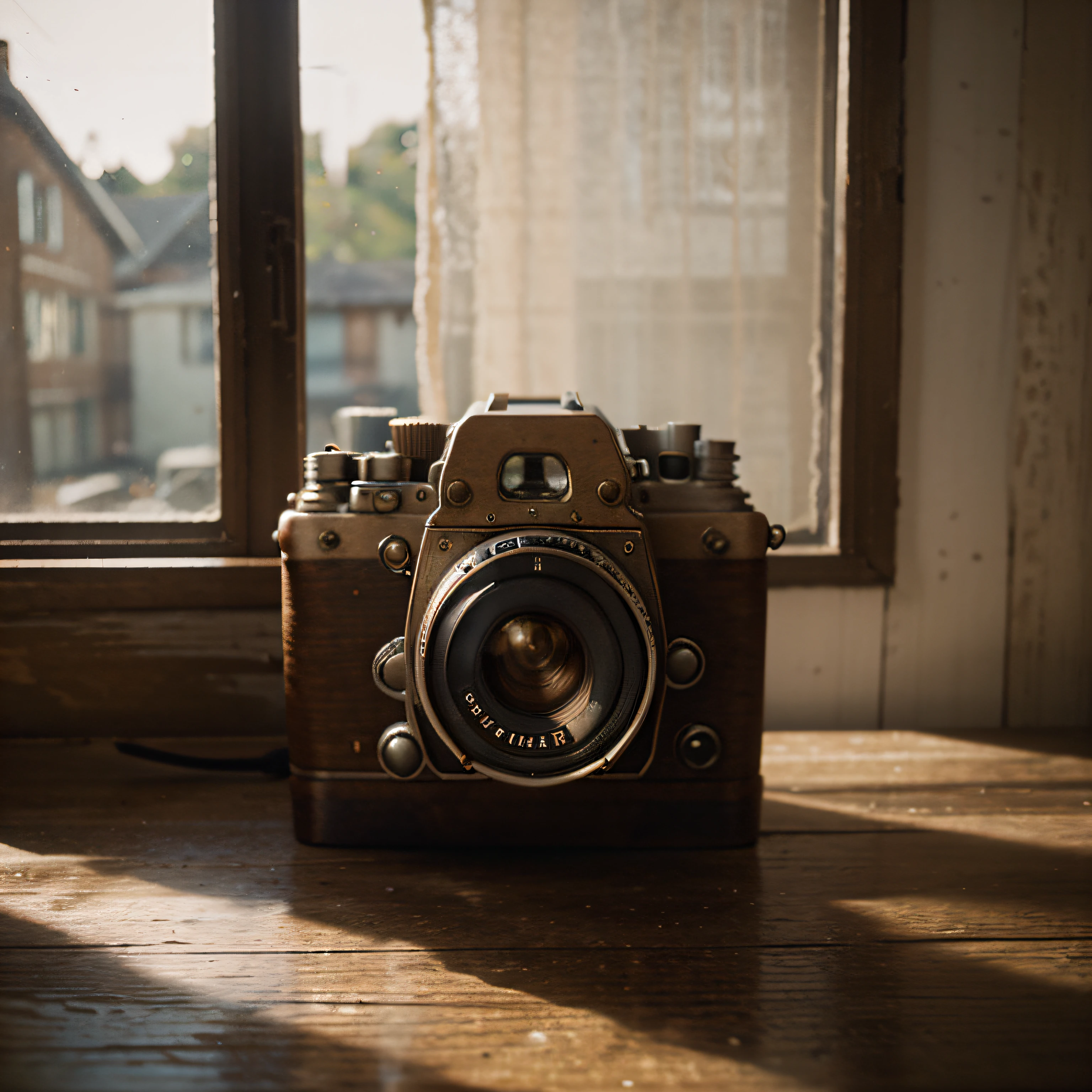 An evocative photograph of a vintage film camera placed on a worn wooden surface, banhado pela luz suave da janela, capturing the nostalgia and timeless charm of analogue photography, fotografia, Lente: 50 millimeters