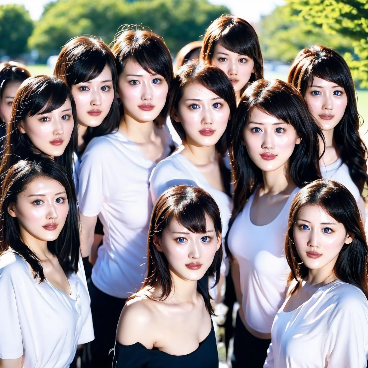 Raw photo、(((multiple girls))),((((6+girls)))),((((100girls)))),(((1000girls)))、((((100 Girls))))、(((crowd shot)))、Women only、The same face、matching school uniform、、Long black hair、100 cute girls going to school、a smile、Commuting to school、School route、In the street、selfee、same person、(((Large group)))、a junior high student