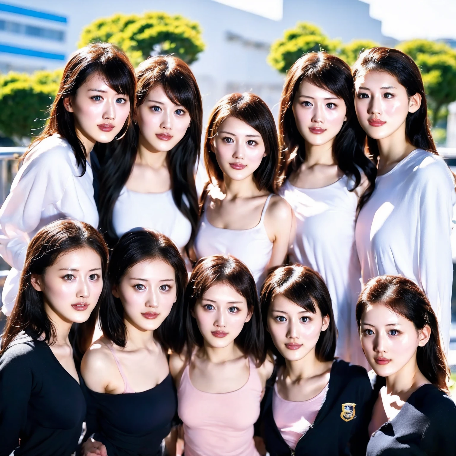 Raw photo、(((multiple girls))),((((6+girls)))),((((100girls)))),(((1000girls)))、((((100 Girls))))、(((crowd shot)))、Women only、The same face、matching school uniform、12 years old、Long black hair、100 cute girls going to school、a smile、Commuting to school、School route、In the street、selfee、same person、(((Large group)))、a junior high school student