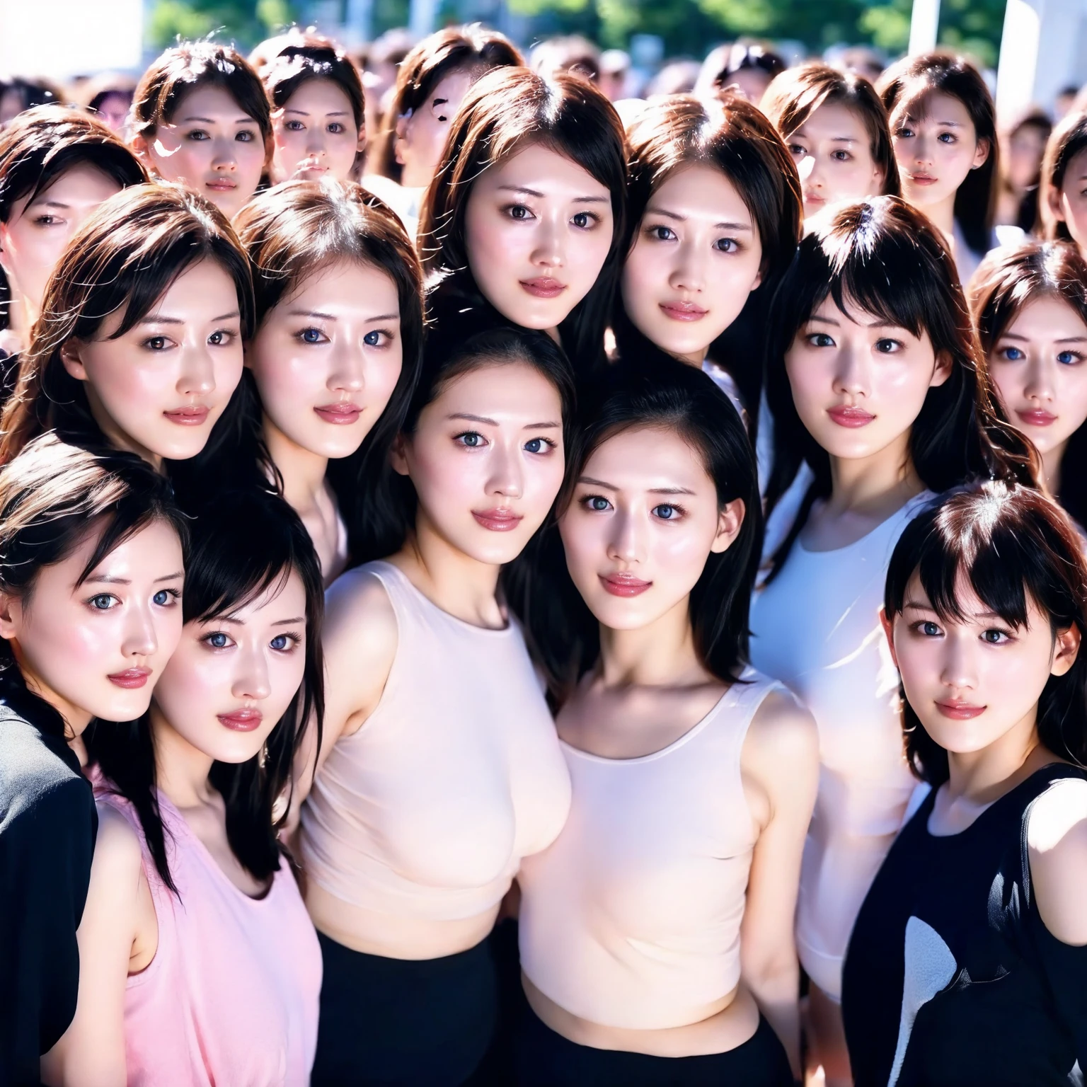 Raw photo、(((multiple girls))),((((6+girls)))),((((100girls)))),(((1000girls)))、((((100 Girls))))、(((crowd shot)))、Women only、The same face、matching school uniform、、Long black hair、100 cute girls going to school、a smile、Commuting to school、School route、In the street、selfee、same person、(((Large group)))、a junior high student