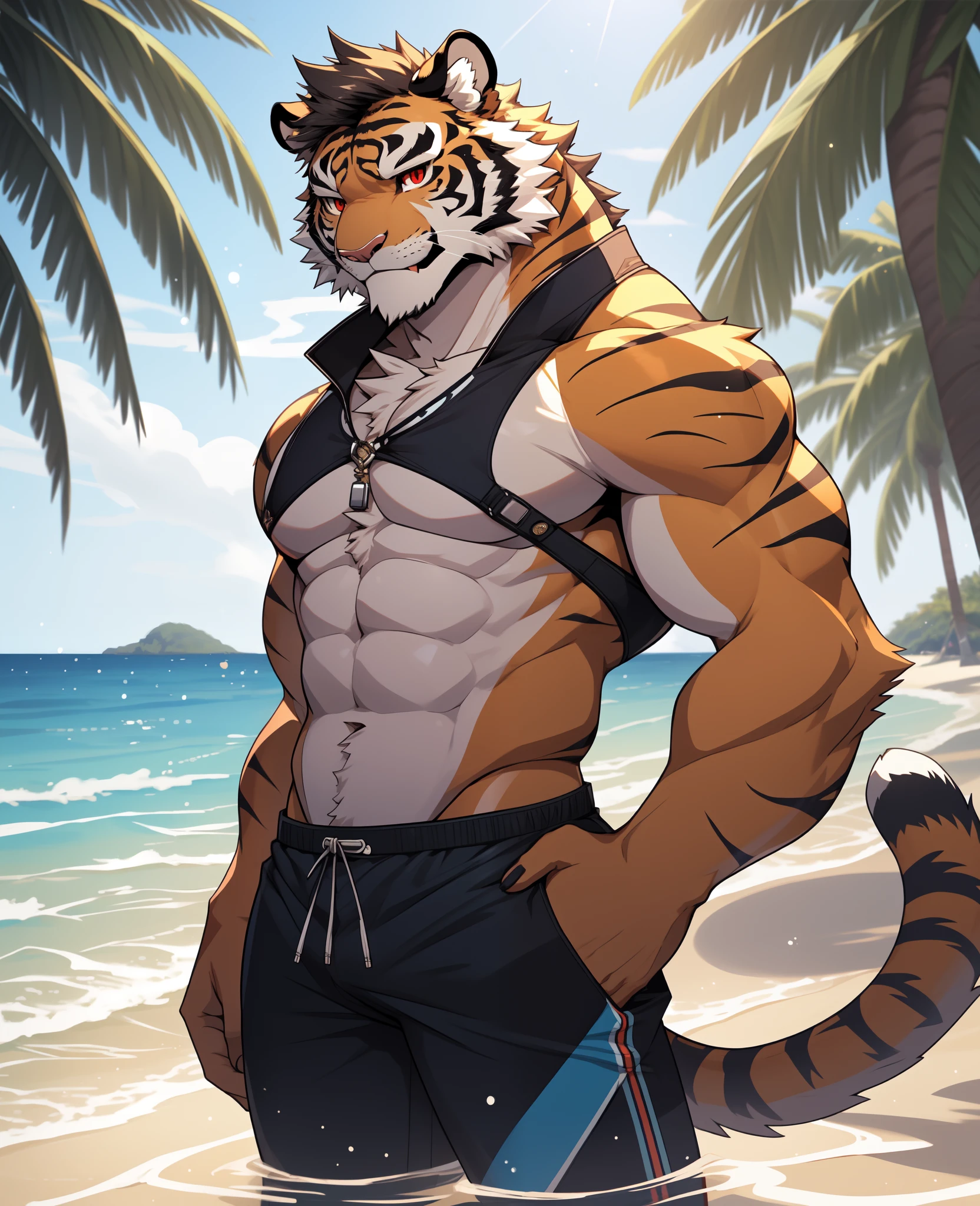 the only person，body，Black earlack hair，the whole，Red eyes，Tigertail，Tiger Orcs，young，Ultra-clear screen，soft line， perfect litthing, The highest quality of light particles),(tmasterpiece),(ultra - detailed),Focus sharp,Light particles, detailedbackground，sea beach，bathing suit，shorter pants