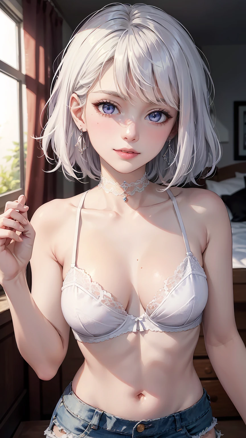 ((((masterpiece, best quality, high resolution)))), (1girl:1.5), ((short silky hair, white hair, purple eyes, earrings, choker)), (medium breasts:1.2), blush, (light smile, parted lips), glow, thighs, bare shoulders, collarbone, narrow waist, (slender body figure), cleavage, (beautiful detailed face, beautiful detailed eyes), ((white lace bra, ripped jeans shorts)), looking at viewer, nighttime, bedroom