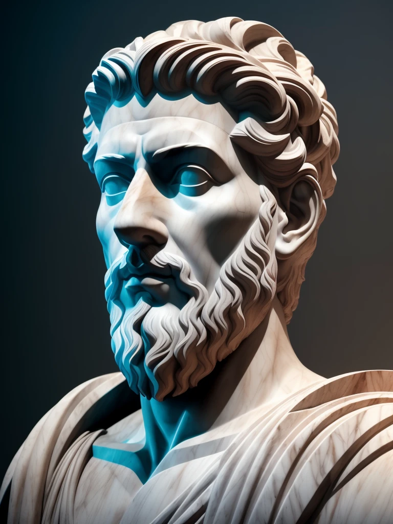 a statue of Marcus Aurelius, Imperador de Roma, Pose de autoridade e serena, trunk and head  ( fundo escuro), Clint Cearley, Arnold render, a marble sculpture, (cinematografic:1.4), slate grey atmosphere, hiperdetalhada, tons suaves, detalhes insanos, baixo contraste,