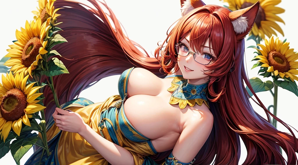 (masterpiece, best)), (1girl), (mature woman), Red hair, open-chest seduction, flared, (kemonomimi lady), bangs, medium breasts, glasses lady, (full), slim, smile, [wide hips], standing, 8K picture quality, sexy seduction, (open-chest) (Sharp focus: 1.5), (sharp focus:1.2), (beautiful face:1.1), (eye makeup:1.2), (tight body:1.2), (flowery dress:1.2) (Farm:1.2). (morning sun lighting:1.2), ((Masterpiece)), (highest quality))), (Character design sheet, national costume, same character, front, side, back), (simple background, white background: 1.3) ( Masterpiece:1.2), (Best Quality:1.3) (best quality:1.1) realistic:1.37 long, flowing:1.1 luscious, plump:1.1 sparkling sequins:1.1 subtle, Sunflower Yellow:0.9 soft, warm:1.1 best quality,4k,8k,highres,masterpiece:1.2, realistic,photorealistic,photo-realistic:1.37, ultra-detailed:1.1 busty animal ears, beautiful, detailed ears:1.1 best quality, 4k, highres, masterpiece:1.2 detailed, piercing eyes:1.1 4k, 8k, highres, masterpiece:1.2 very three-dimensional: 1.2 (8k, best quality, masterpiece:1.2 ((masterpiece, best))