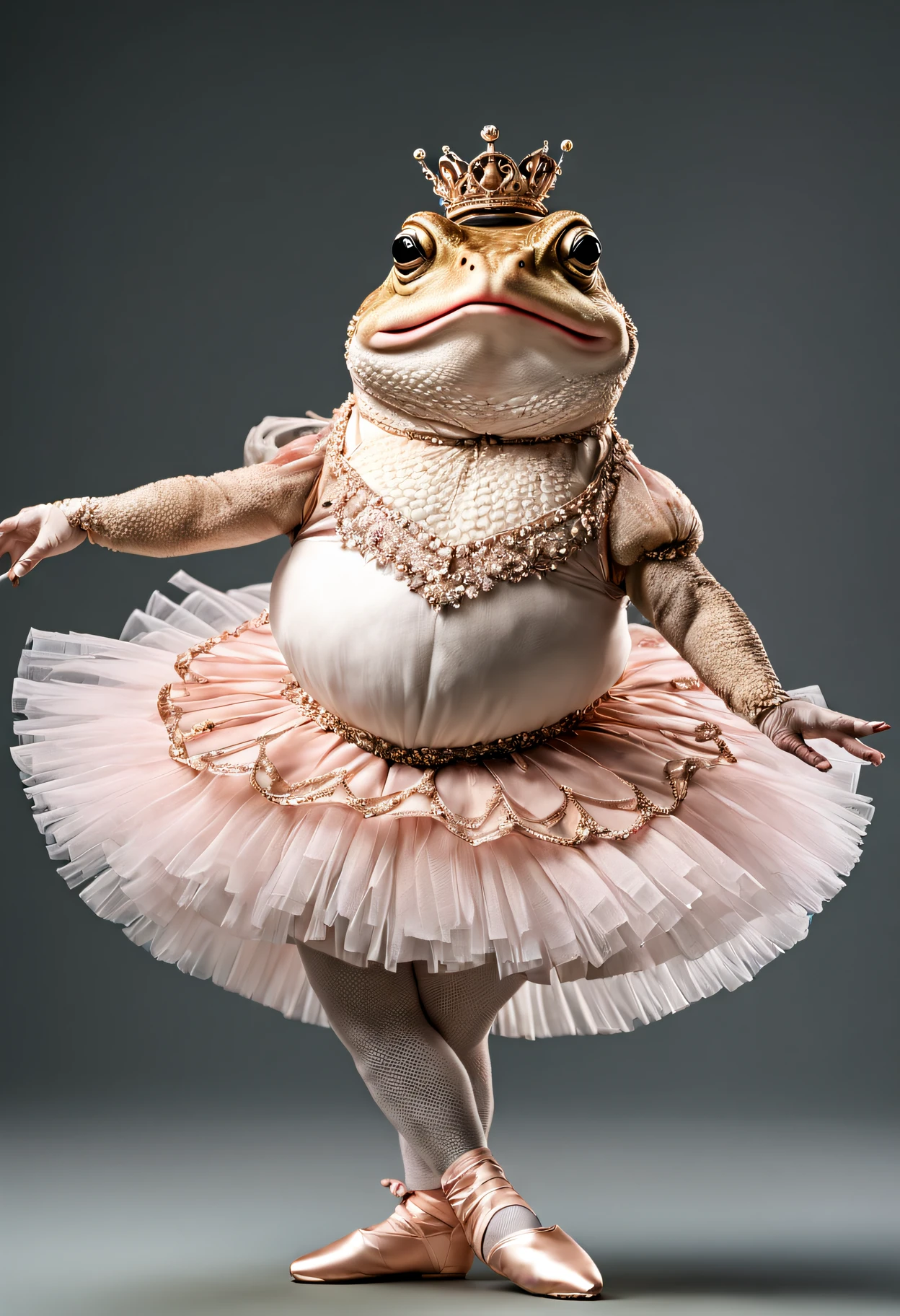 photorealistic portrait of Dressed animals - a fat toad ballet dancer, large head,( ballet action posing), fluffy body, high quality,(lovely) ,intricate details, highly detailed ((ballet costume)) ,highly detailed tutu, pointe shoes, (happy), studio lighting,(full body image:1.5)