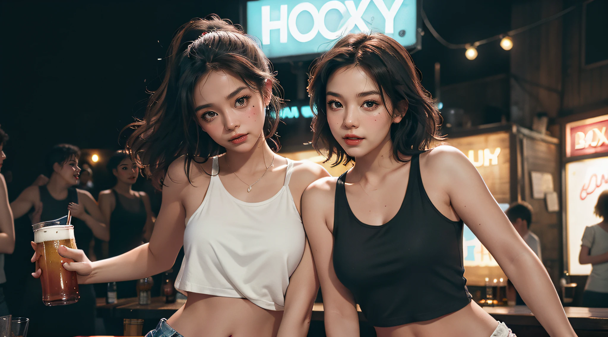 Two women,( focus on beautiful faces) , Perfect Hand ,glowing skin , tank tops, shorts, drinking cocktails, Beer , Dancing ,Happy poses, cheerful expressions, NightClub atmosphere, ( Have a sign that say "BOX" on background ), there are a lot of people behind having fun ,Cool and dark lighting, Realistic images, high details, 4k, camera view, wide lens,wide angle, high angle