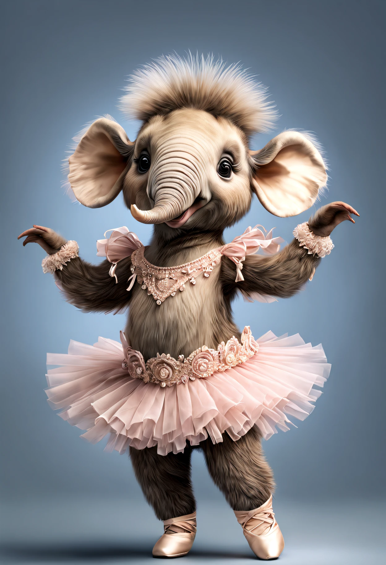 photorealistic portrait of Dressed animals - a baby mammoth ballet dancer,( ballet action posing), fluffy body, high quality,(lovely) ,intricate details, highly detailed ((ballet costume)) ,highly detailed tutu, pointe shoes, (happy), studio lighting,(full body image:1.5)