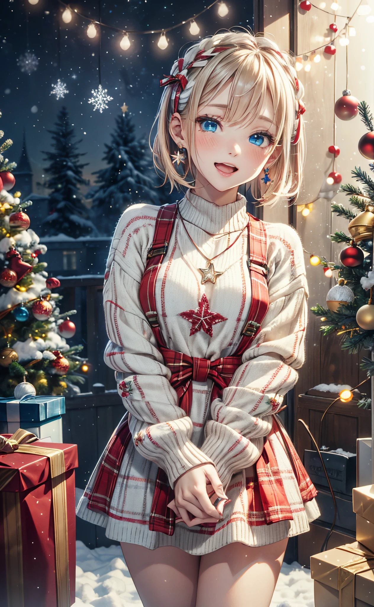 absurderes, ultra-detailliert,bright colour, Short hair,Blonde hair with fluffy short twintails:1.2) Shiny hair,(red and white plaid sweater dress:1.5),(Open mouth and laugh 1. 3),(Close one eye and feel shy:1.3),(Christmas tree:1.3),(Christmas Decorations:1.3),(colorful led lights on the wall:1.5),Delicate beautiful face, red blush、(Deep Blue Eyes:1.5), White skin, hair clips, earrings, a necklace,Heavy snow outside the window,You can also see the starry sky and the aurora borealis.......
