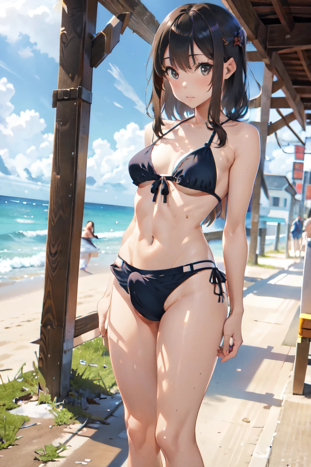 One, Skinny, Skinny thighs, Intricate clothes, Full body, Cinematic light, Anime, Small ass, Natural breasts, Standing, Tanned skin, Brunette hair, Thai, 18 Years old, ((Transgender)), Realism, Beach, Bikini, Swimsuit, ((bulge: 1.4))