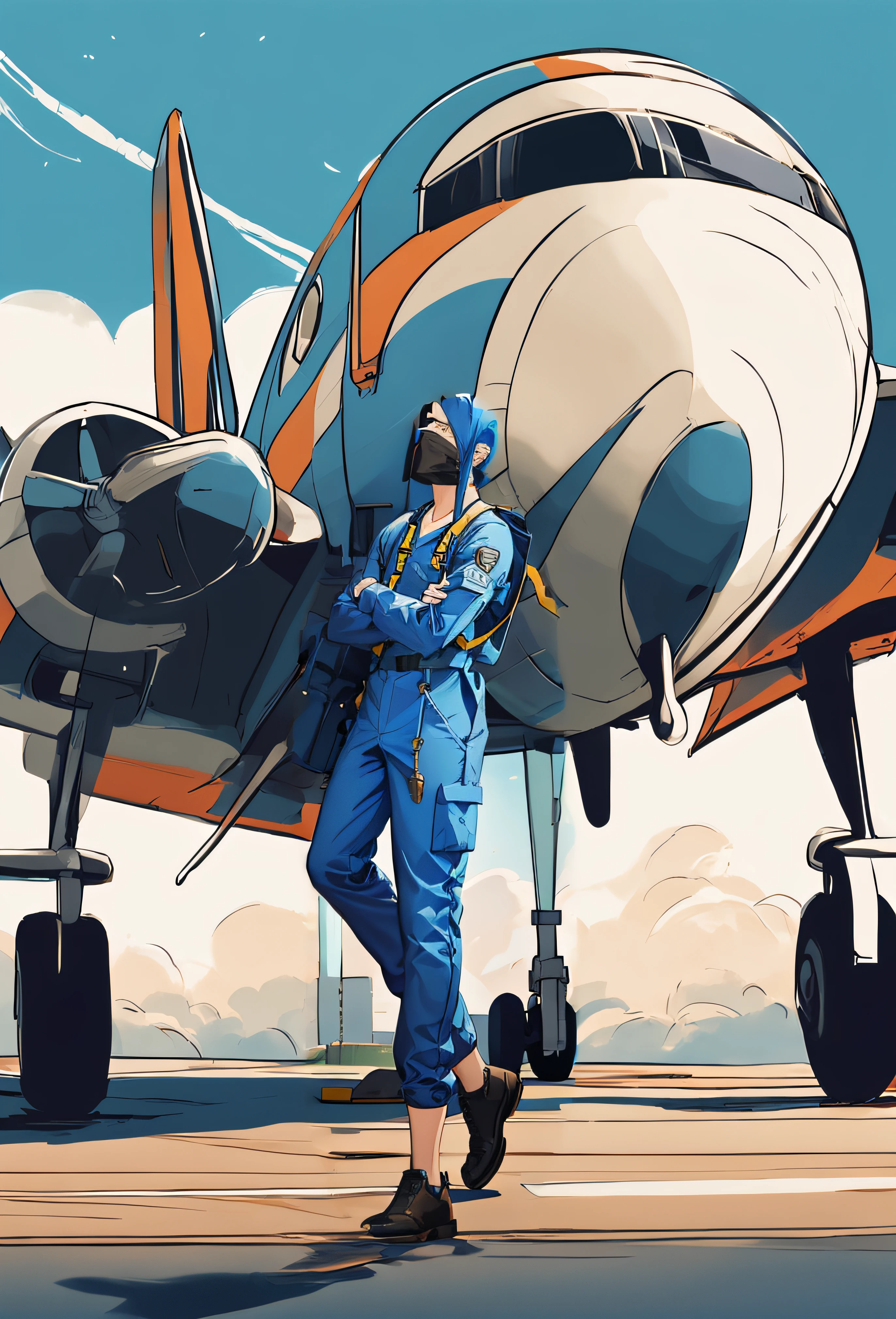blue jumpsuit,aircraft maintenance personnel,male people,complete