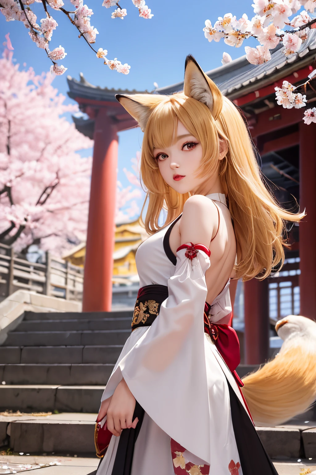 masterpiece, best quality, 1girl, yellow eyes, medium hair, stairs, cherry blossoms, temple, fox girl, detached sleeves, animal ears, happy, arms behind back,high resolution