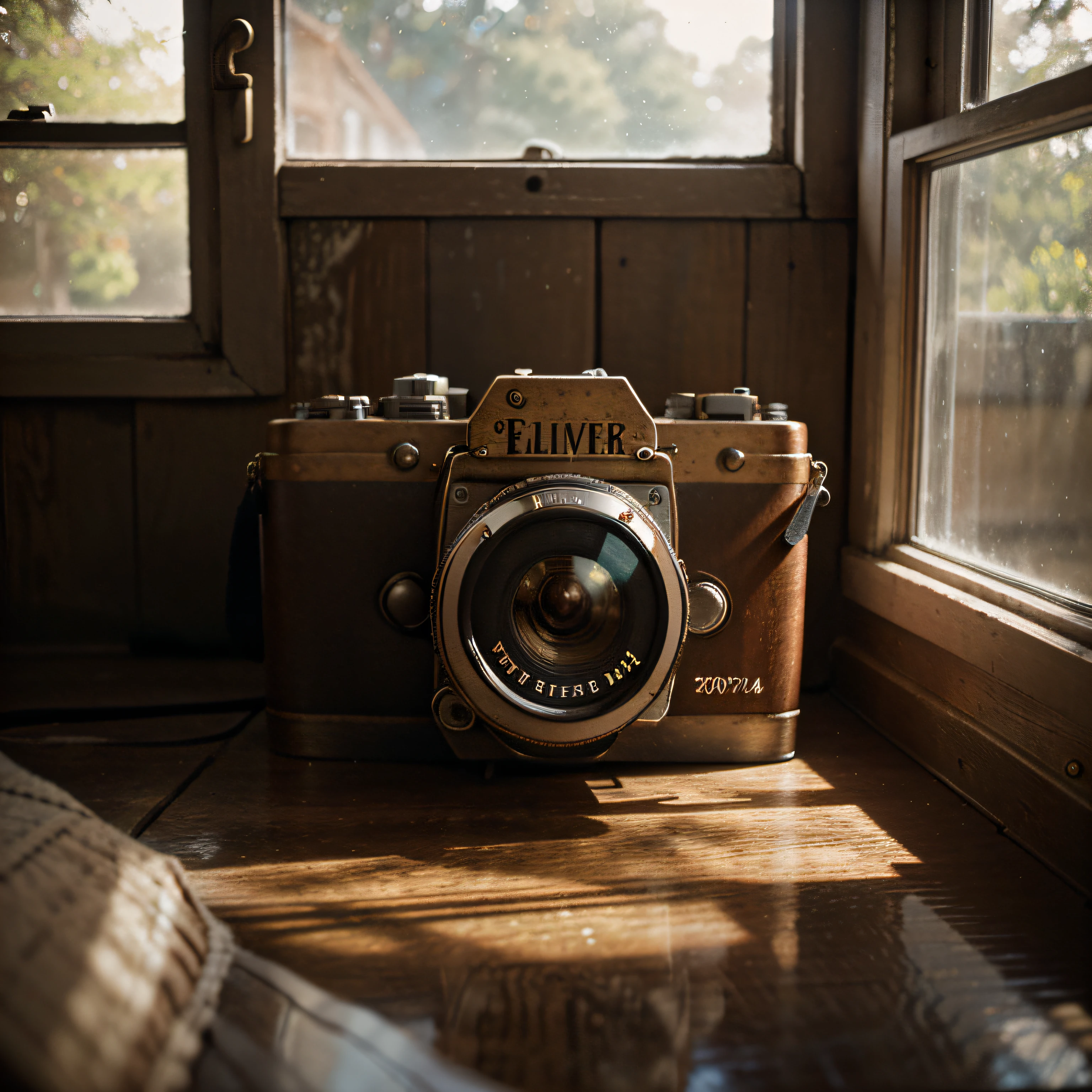 An evocative photograph of a vintage film camera placed on a worn wooden surface, banhado pela luz suave da janela, capturing the nostalgia and timeless charm of analogue photography, fotografia, Lente: 50 millimeters