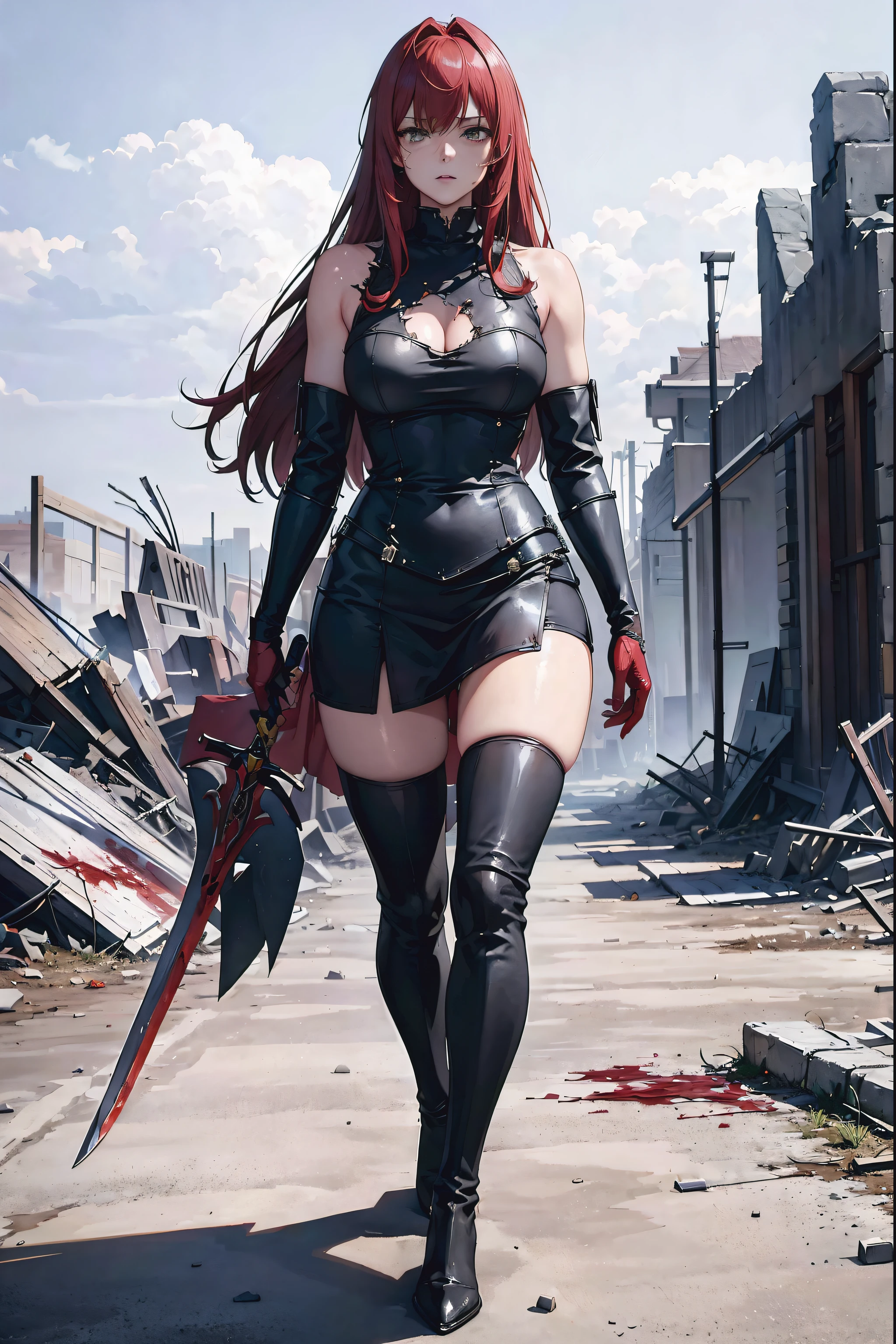 (Best quality,4K,8K,A high resolution,tmasterpiece:1.2), ultra - detailed, actual:1.37 female knight wears knee-high boots, With flowing red hair, 2 d anime style. She wields a slender sword with one hand, Wearing battle uniform. Her clothes were torn, Revealing battle scars and bloodstains. She has a unique figure and a determined expression. The scene set in a war-torn landscape, There are ruins and debris in the background. The color palette vibrant yet dark, Enhance the atmosphere. The lights cast dramatic shadows, Emphasis on the heroic presence of the knight.