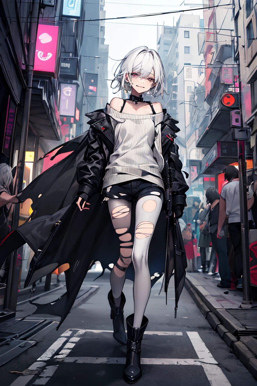 Perspectives, cute smiling, Strange perspective, whitesweater，（ change）medium, Separate collar，shoulder, face flushed，(White hair), whitegloves，White boots，Dirty，Torn clothes，Clothing that exposes blood:1.3),,  tear open cloak, Tear pantyhose ，cyberpunk streetwear，to contrast，Cyberpunk character fashion,Wear fashion-forward clothes, , Make your poster come alive、Striking，full clothing, stylishly,Jenny Dark Artert)