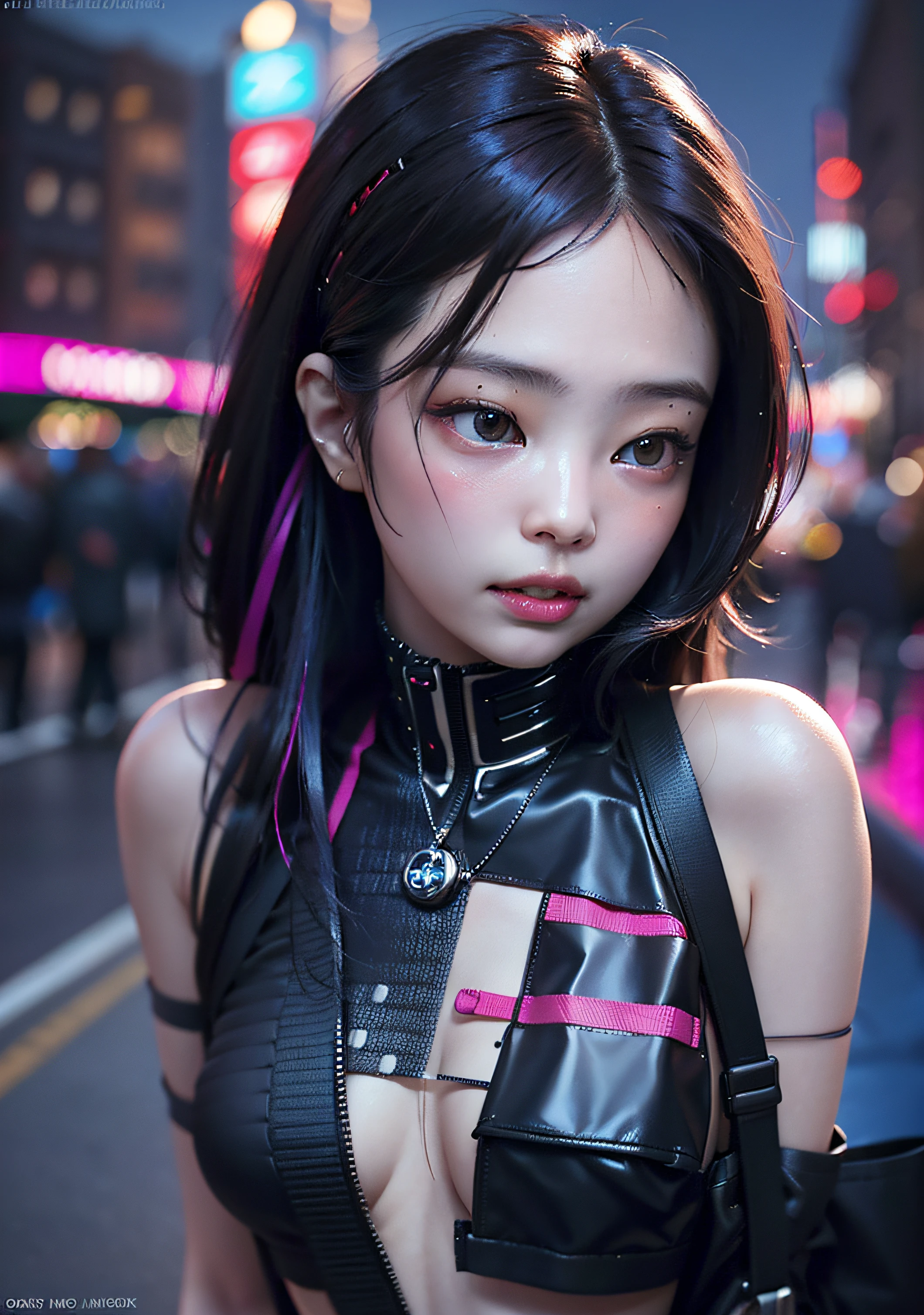 The character costume is KPOP, Hallyu, K-pop anime art style, Hallyu frontline style, Hallyu art style, kpop style, official artwork, Chibi art, Pisif, Blackpink style, cute.     KPOP artwork in various poses, The popularity of Pisif art station, 16 year old chibi, No watermark, Extra close-fitting mini skirt, open jacket, extra short clear top Strapless, cleavage, style clothing cyberpunk, smallest short short, wide angle, short top, very short, 
