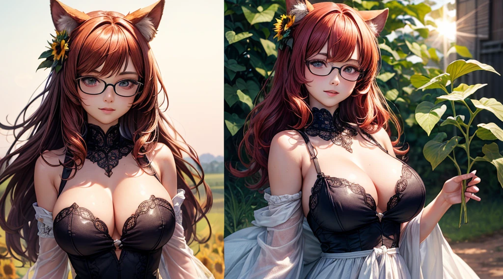 (masterpiece, best)), (1girl), (mature woman), Red hair, open-chest seduction, flared, (kemonomimi Famer lady), bangs, medium breasts, glasses lady, (full), slim, smile, [wide hips], standing, 8K picture quality, sexy seduction, (open-chest) (Sharp focus: 1.5), (sharp focus:1.2), (beautiful face:1.1), (eye makeup:1.2), (tight body:1.2), (flowery dress:1.2) (Farm:1.2). (morning sun lighting:1.2), ((Masterpiece)), (highest quality))), (Character design sheet, national costume, same character, front, side, back), (Farm background: 1.3) ( Masterpiece:1.2), (Best Quality:1.3) (best quality:1.1) realistic:1.37 long, flowing:1.1 luscious, plump:1.1 sparkling sequins:1.1 subtle, Sunflower Yellow:0.9 soft, warm:1.1 best quality,4k,8k,highres,masterpiece:1.2, realistic,photorealistic,photo-realistic:1.37, ultra-detailed:1.1 busty animal ears, beautiful, detailed ears:1.1 best quality, 4k, highres, masterpiece:1.2 detailed, piercing eyes:1.1 4k, 8k, highres, masterpiece:1.2 very three-dimensional: 1.2 (8k, best quality, masterpiece:1.2 ((masterpiece, best))