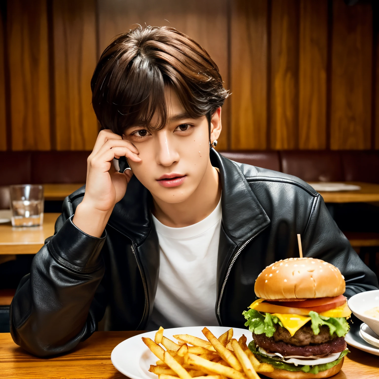 (highres,masterpiece:1.2),ultra-detailed,(realistic,photorealistic,photo-realistic:1.37),Jungkook from BTS sitting at a table eating a hamburger,detailed face and features,dark hair,expressive eyes,muscular arms and shoulders,wearing a black leather jacket and a white t-shirt,hi-tech headphones around his neck,intense focus on his meal,table covered with a checkered tablecloth,plate with a juicy hamburger and crispy fries,steam rising from the food,glistening drops of condensation on a cold glass of soda on the side,polished wooden tabletop with a soft reflection,the room filled with warm,soft lighting,creating depth and shadows,subtle golden hues bathing the scene ,contrast and texture enhancing the details of Jungkook's attire,realistic textures capturing the folds and creases in his clothes and the grain of the wood,crisp and vivid colors to bring the composition to life.