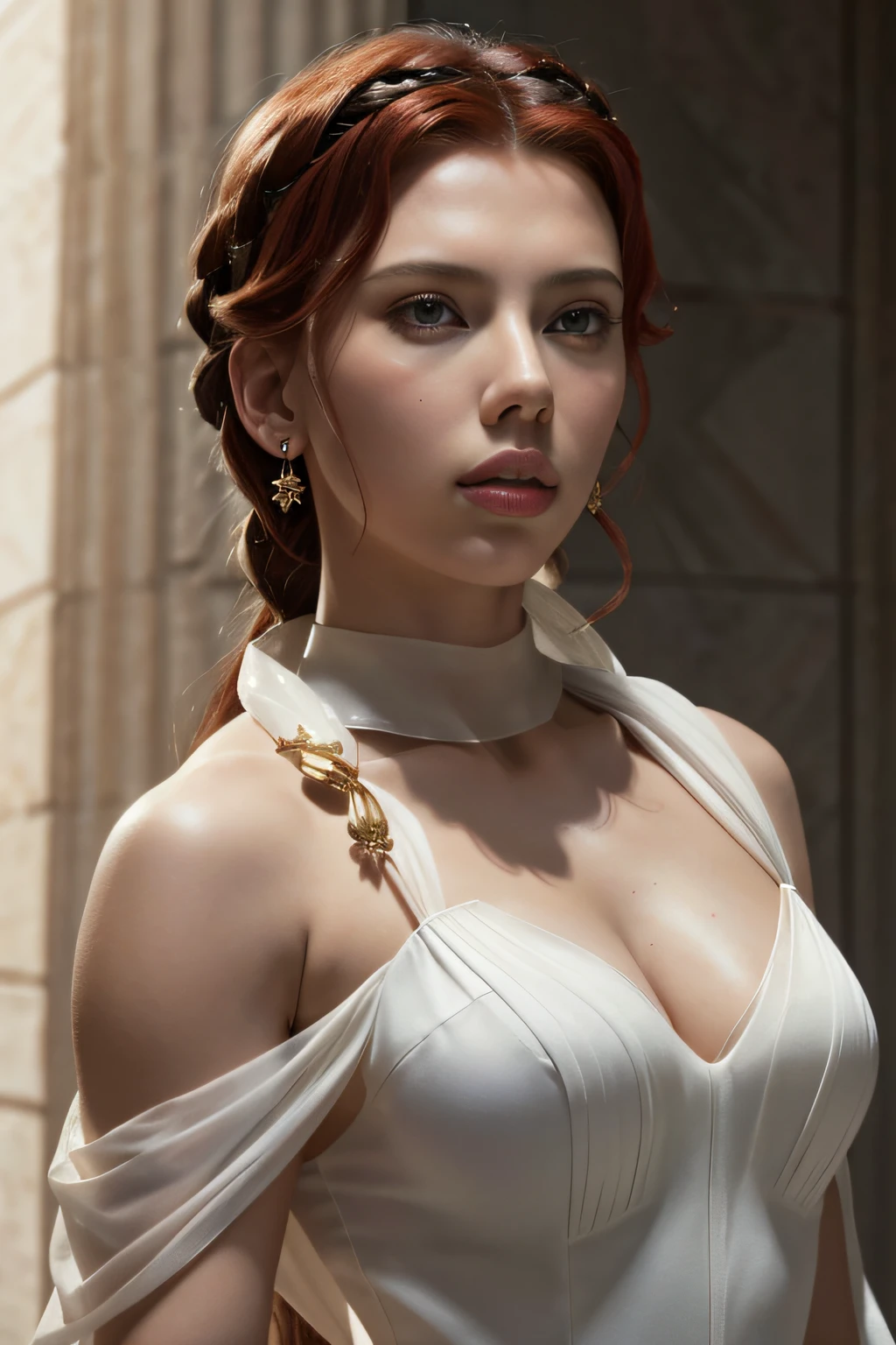 Scarlet Johansson as the very muscular greek godess Artemis, face towards camera, detailed face, jewelry, white toga style clothes (delicate fabric 1.4). (translucent fabric 1.3), (good anatomy), (good proportions), dynamic pose in a greek landscape, ultra detailed, muted colors, cinematic, (high quality), photorealistic, award winning, masterpiece, centered,