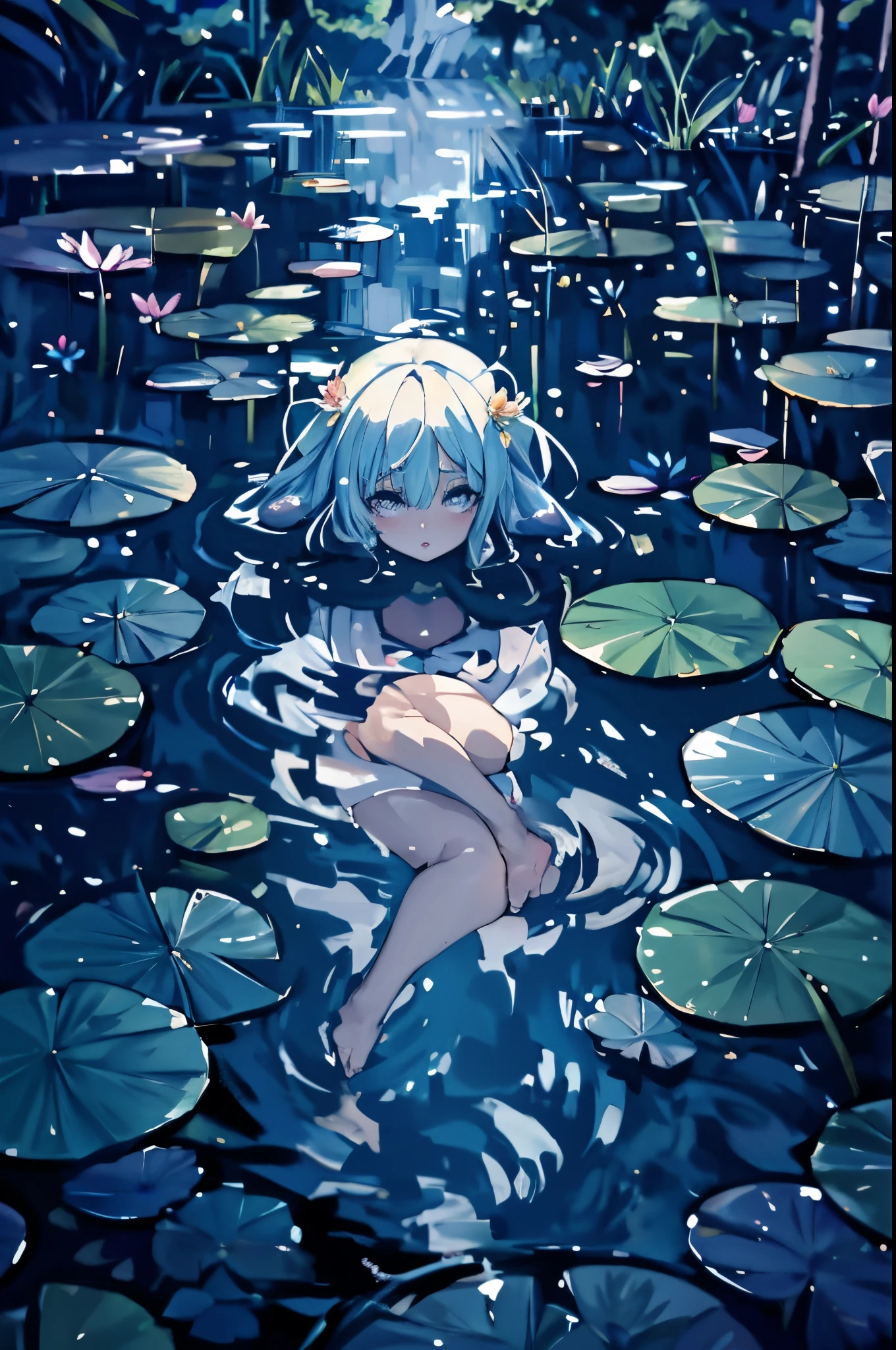 anime girl sitting in a pond of water with lily pads, wallpaper anime blue water, in a pond, anime girl walking on water, anime art wallpaper 4 k, anime art wallpaper 4k, dreamy psychedelic anime, lying on lily pad, waterlily mecha nymphaea, anime wallpaper 4k, anime wallpaper 4 k, anime art wallpaper 8 k, in a lake