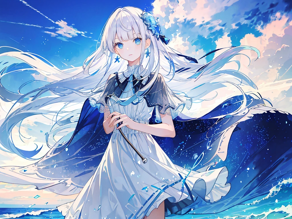(((masterpiece))),best quality,sundress,ocean,starry sky,standing,from below,(beautiful detailed girl),earrings,long hair,swept bangs,sliver hair, (1 girl),blue eye,grabbing sundress