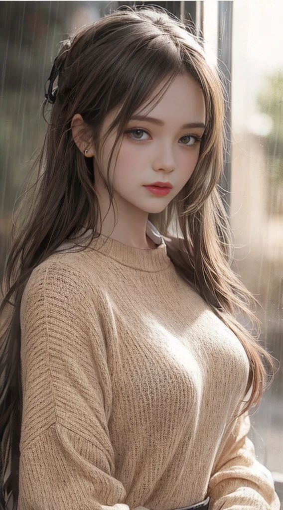under rain,a stunning masterpiece,High resolution portrait of a beautiful detailed girl with long hair, Shiny brown hair and charming green eyes, Wear a comfortable sweater,Slightly cold and handsome face,Highlighting her moderately sized and perfect breasts.