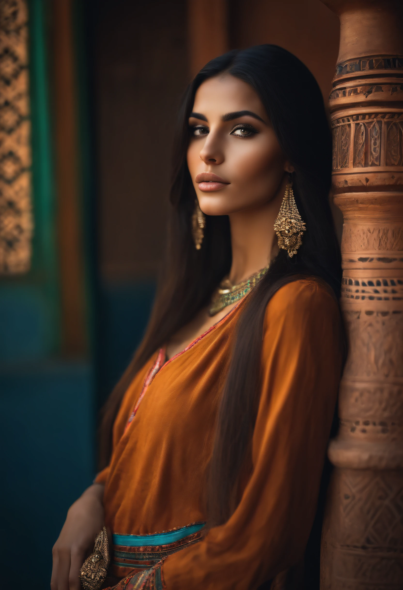 Moroccan girl with long straight hair with a slim and fit figure