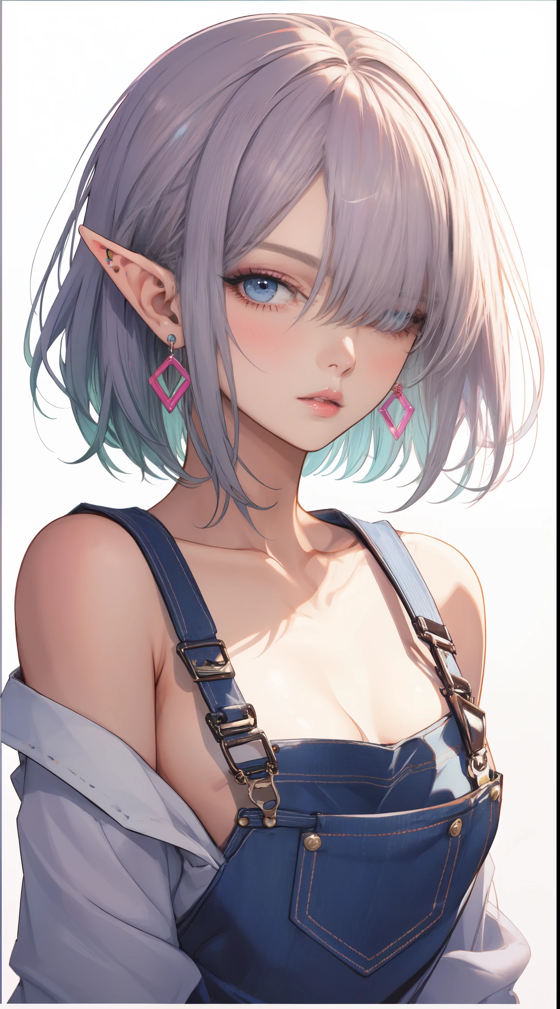 absurdres, [perfect shadows and lighting], detailed background, incredible high-key lighting, masterpiece, high quality, detailed, extremely detailed, ambient soft lighting, (elf:1.1), 1girl, bangs, bare shoulders, blush, border, breasts, cleavage, collarbone, Various accessories, (ear piercing), big breasts, letterboxed, lips, Bob cut hair, parted bangs,(hair over one eye), white hair, purple, looking at viewer, naked overalls, no bra, overalls, parted lips, lips, eyelashes, makeup, blue eyes, eyeshadow, pink eyeshadow, pink lips,  highlights, sideboob,  background, solo, upper body, white background, artstation by by Artgerm, by Kawacy, By Yusuke Murata